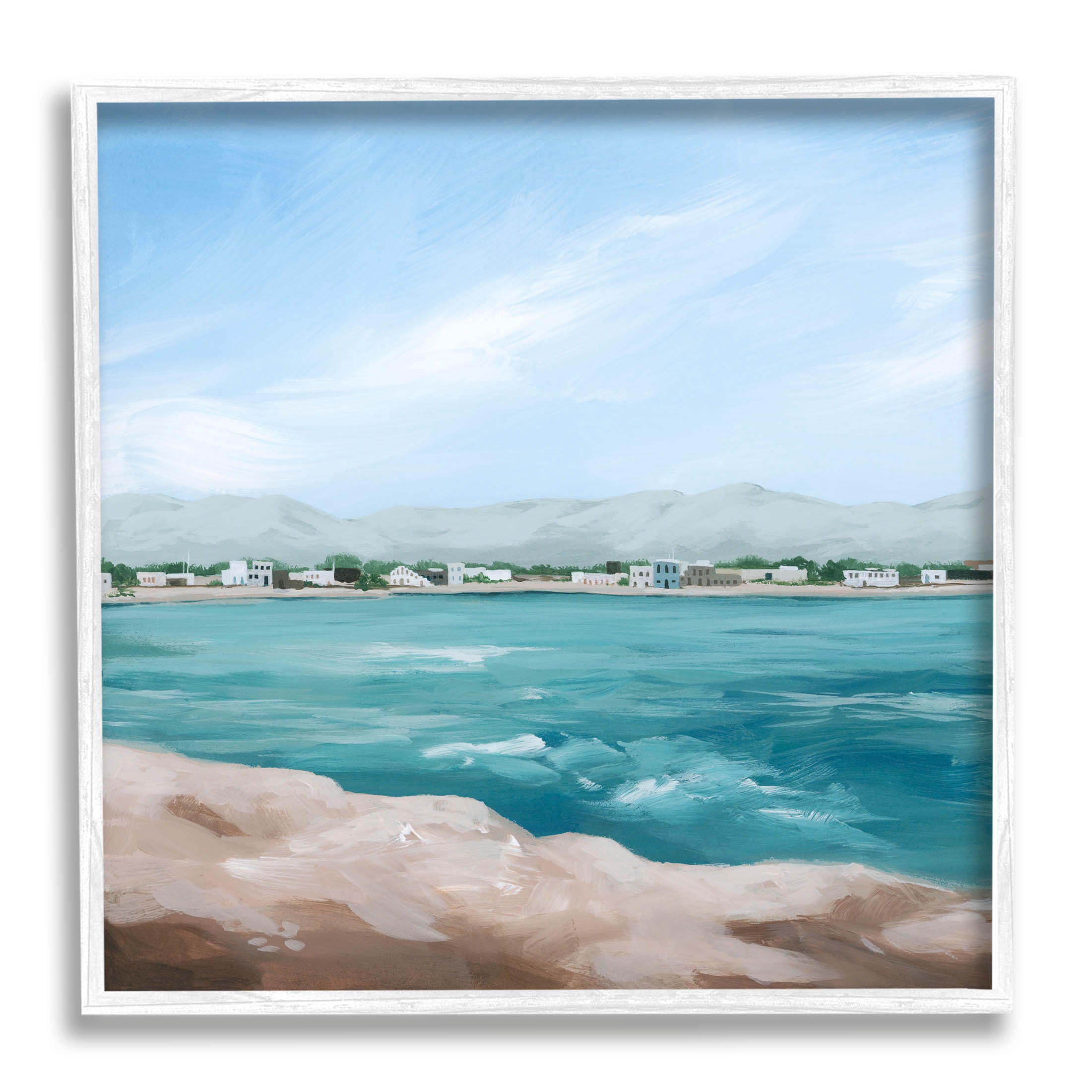 Stupell Industries Waterfront Town Ocean Scenery Painting White Framed Art Print Wall Art, Design by Grace Popp