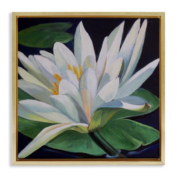 Stupell Industries Waterlily Petals on Pond Gold Framed Floater Canvas Wall Art design by Violeta Vollmer, 18 x 18