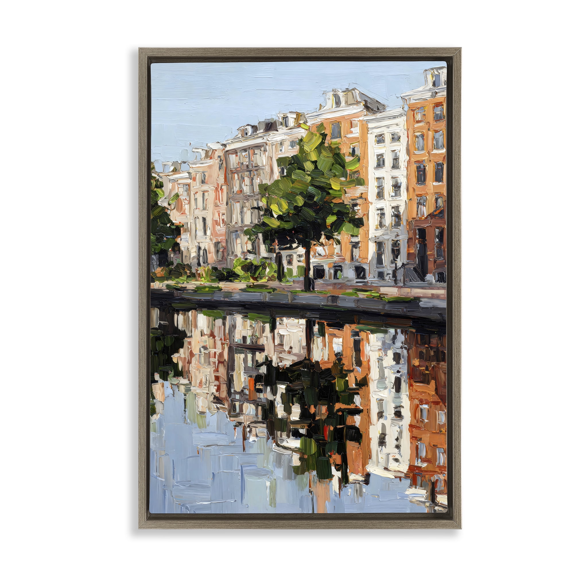Stupell Industries Waterside Apartments on Canal Brown Framed Floater Canvas Wall Art, design by Petal Prints Design