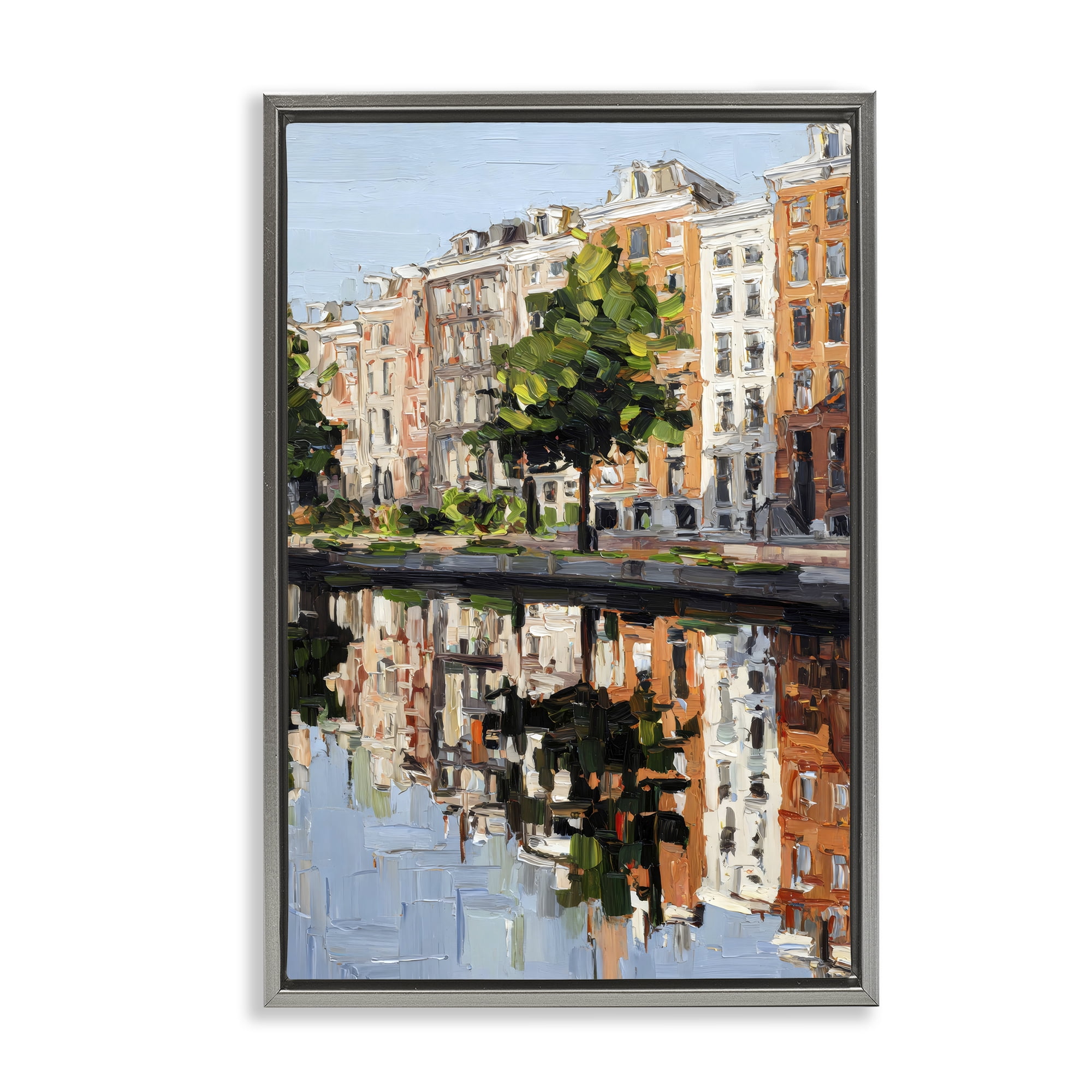 Stupell Industries Waterside Apartments on Canal Gray Framed Floater Canvas Wall Art, design by Petal Prints Design