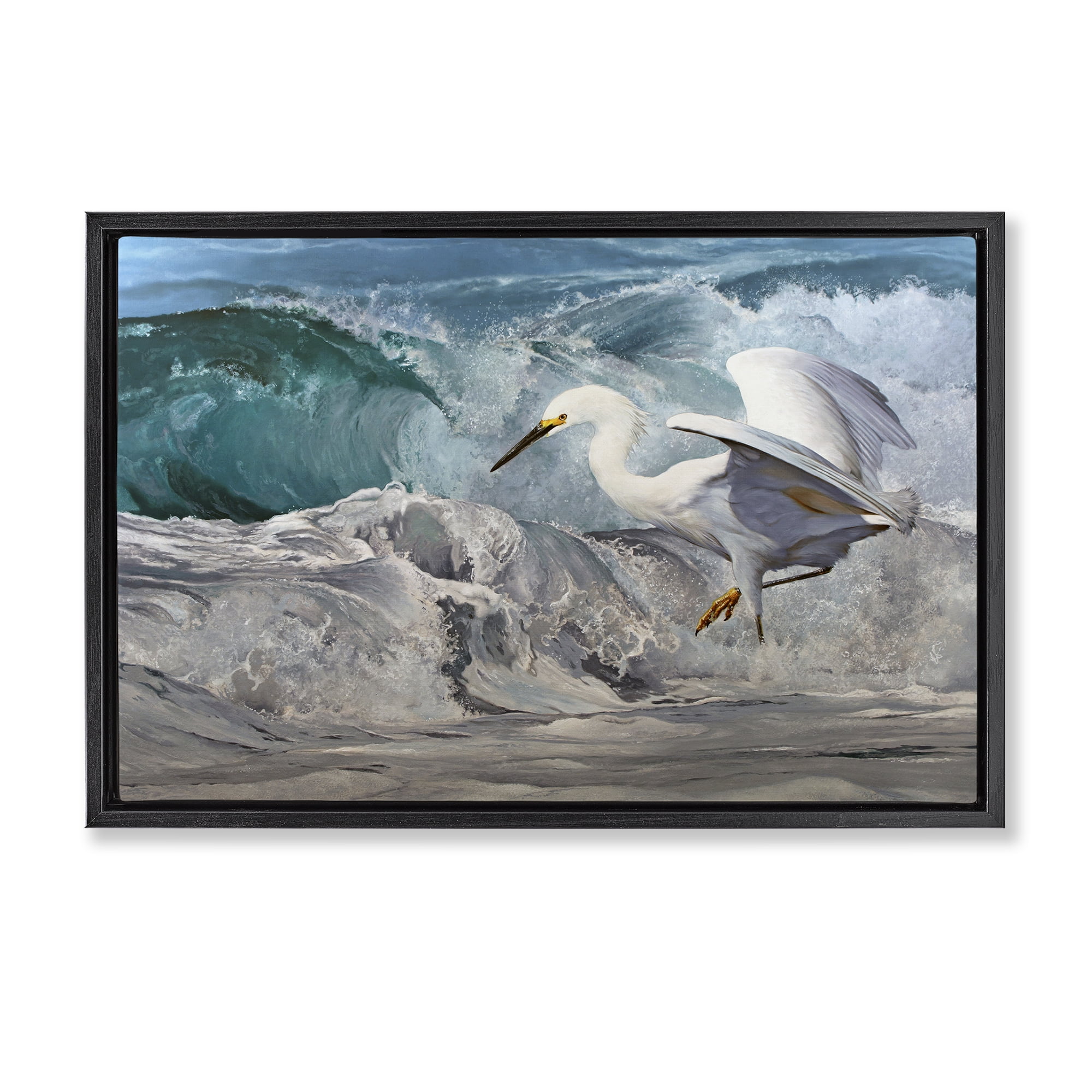 Stupell Industries Wave Dancer Heron Nautical & Beach Painting Black Floater Framed Canvas Art Print Wall Art, 31 x 21