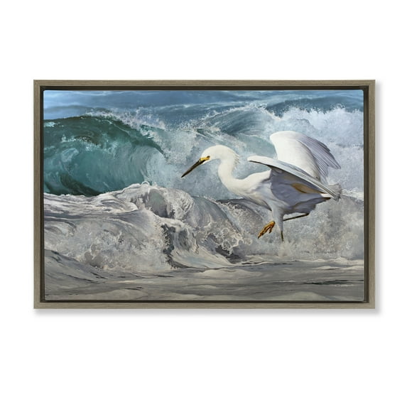 Stupell Industries Wave Dancer Heron Nautical & Beach Painting Brown Floater Framed Canvas Art Print Wall Art, 25 x 17