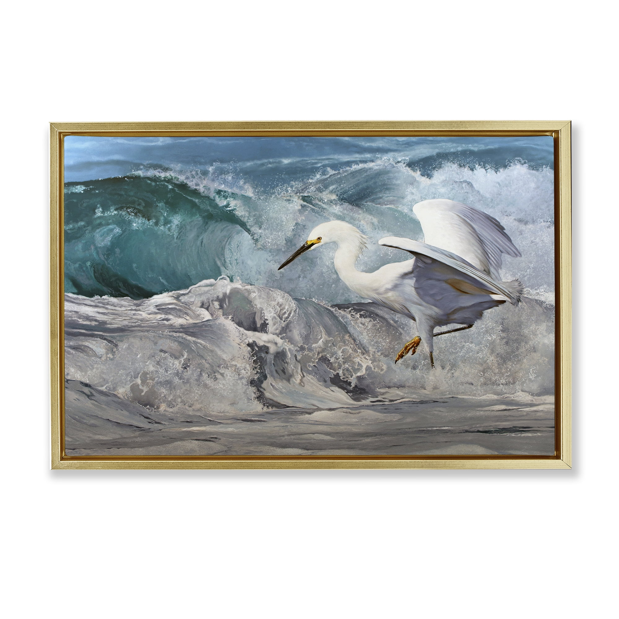 Stupell Industries Wave Dancer Heron Nautical & Beach Painting Gold Floater Framed Canvas Art Print Wall Art, 25 x 17