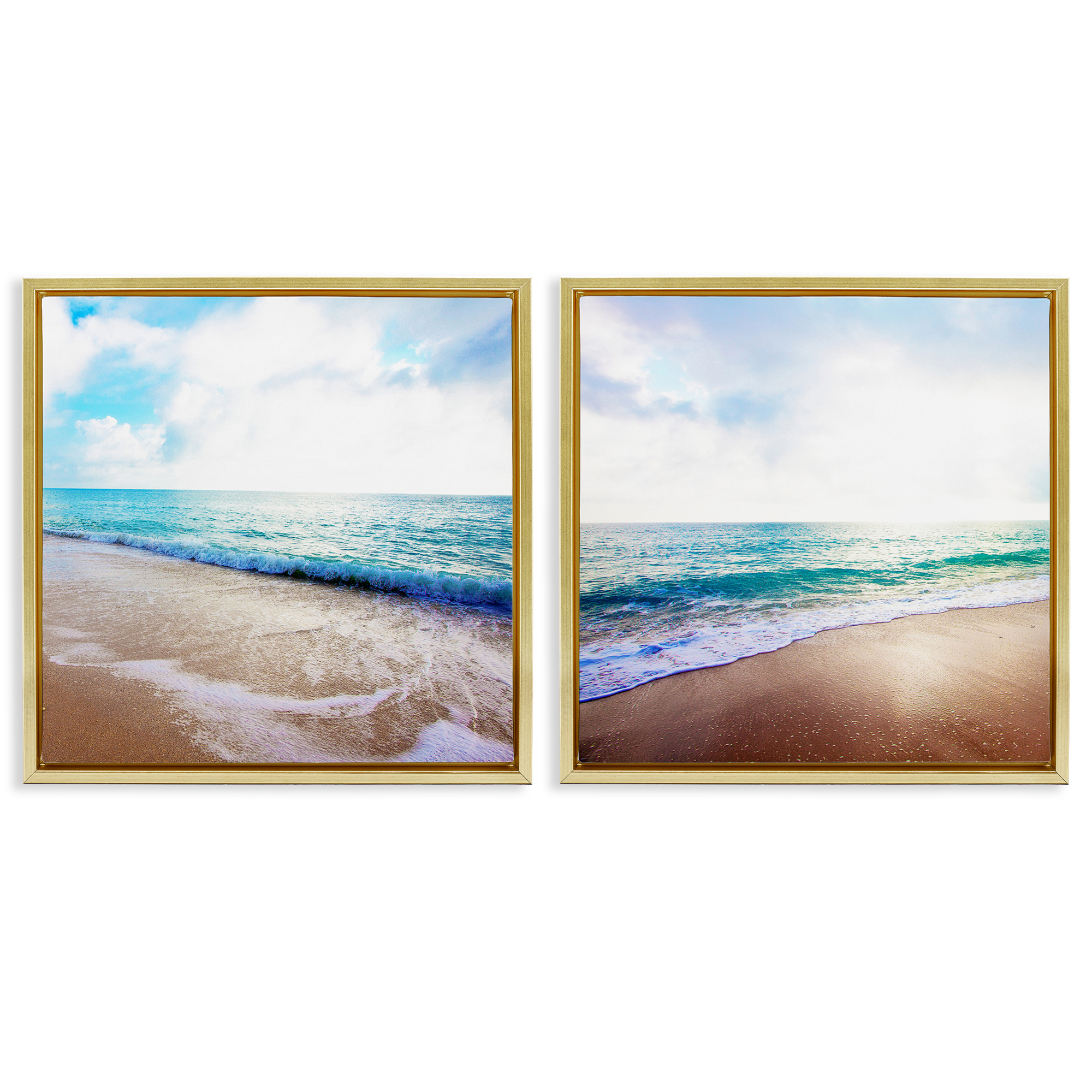 Stupell Industries Waves Breaking Shoreline Landscape & Nature Photography Gold Floater Framed Canvas Art Print Wall Art, 18 x 18, Set of 2