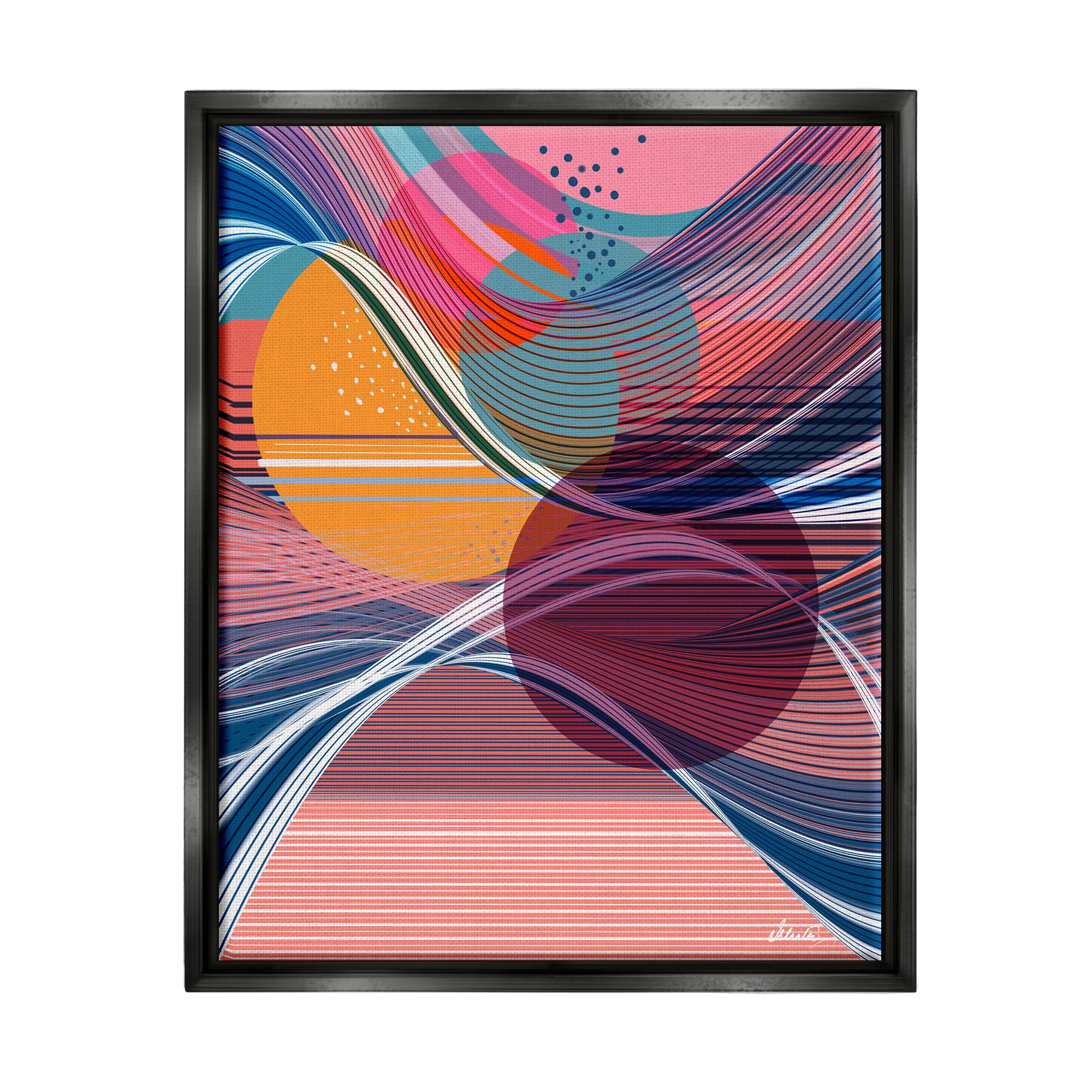Stupell Industries Waves & Circles Abstraction Abstract Painting Black Floater Framed Canvas Art Print Wall Art, 25 x 31