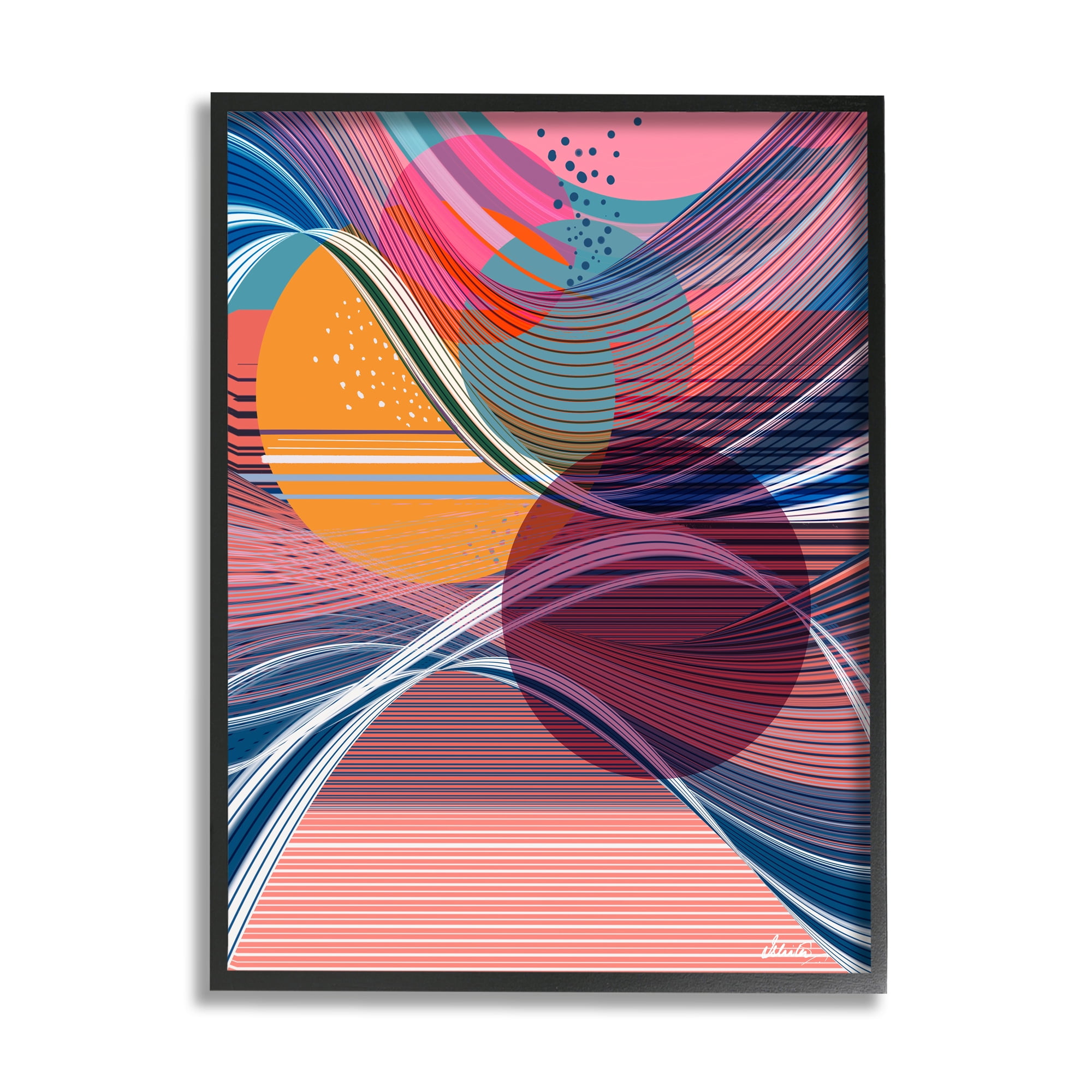 Stupell Industries Waves & Circles Abstraction Abstract Painting Black Framed Art Print Wall Art, 16 x 20