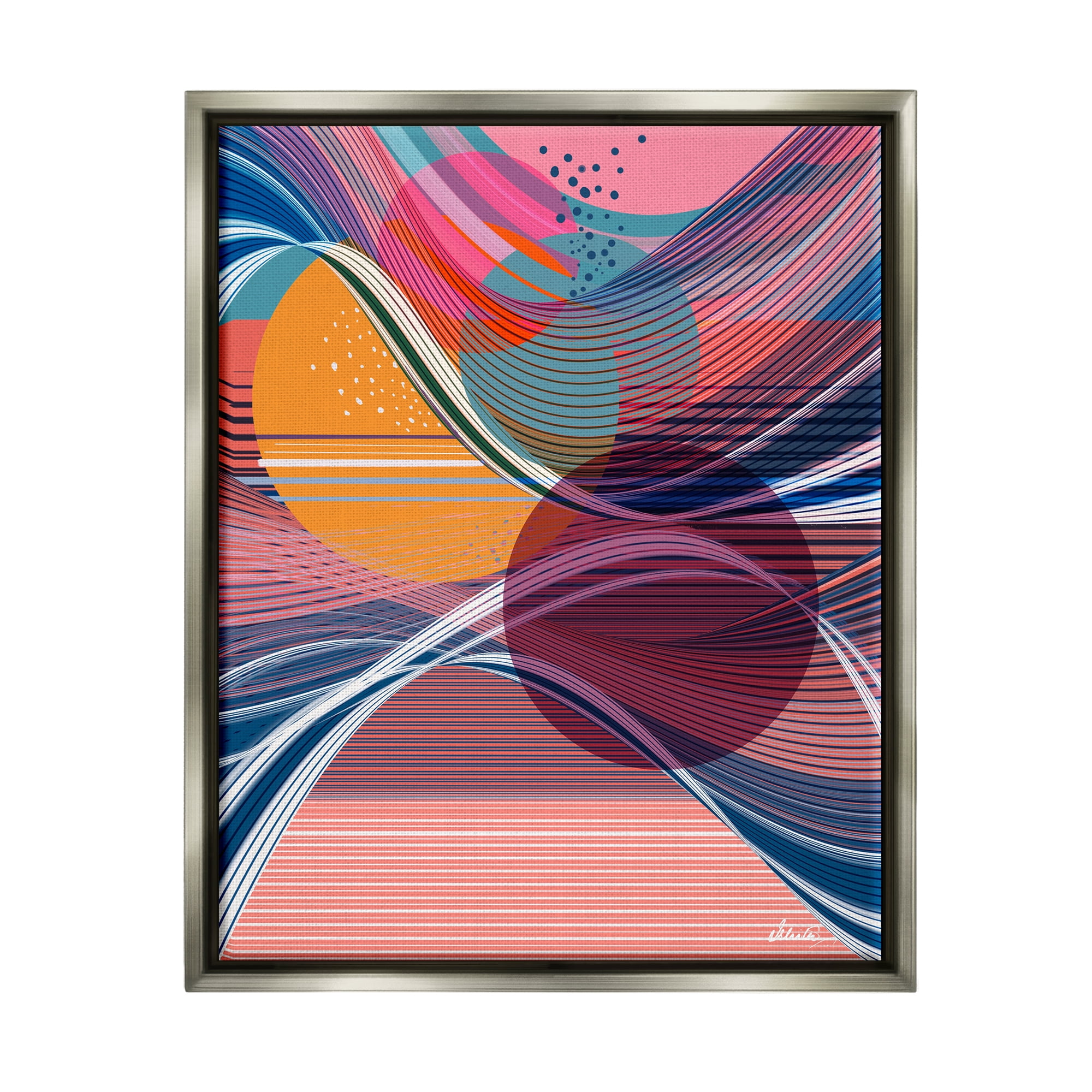 Stupell Industries Waves & Circles Abstraction Abstract Painting Gray Floater Framed Canvas Art Print Wall Art, 25 x 31