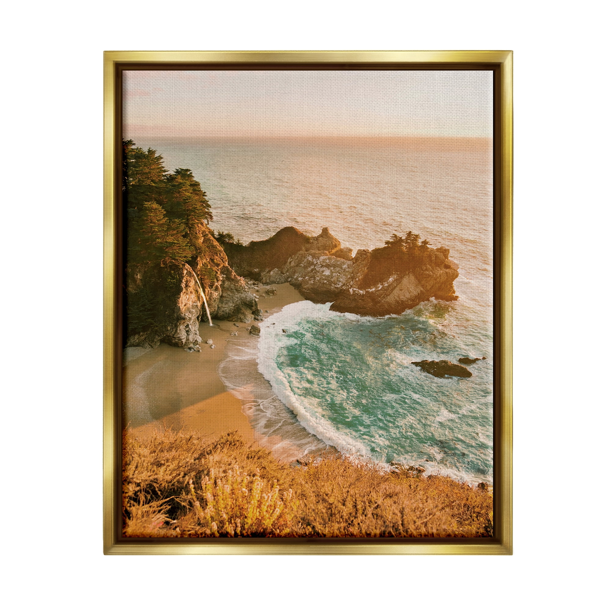 Stupell Industries Waves Crashing Rocky Cove Coastal Photography Gold Floater Framed Art Print Wall Art
