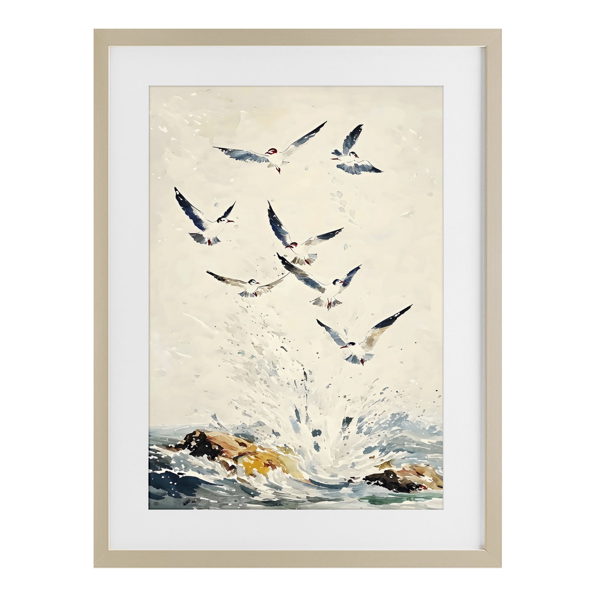 Stupell Industries Waves of Seagulls over Rocks Birch Framed Print Under Glass, design by Creative Studio