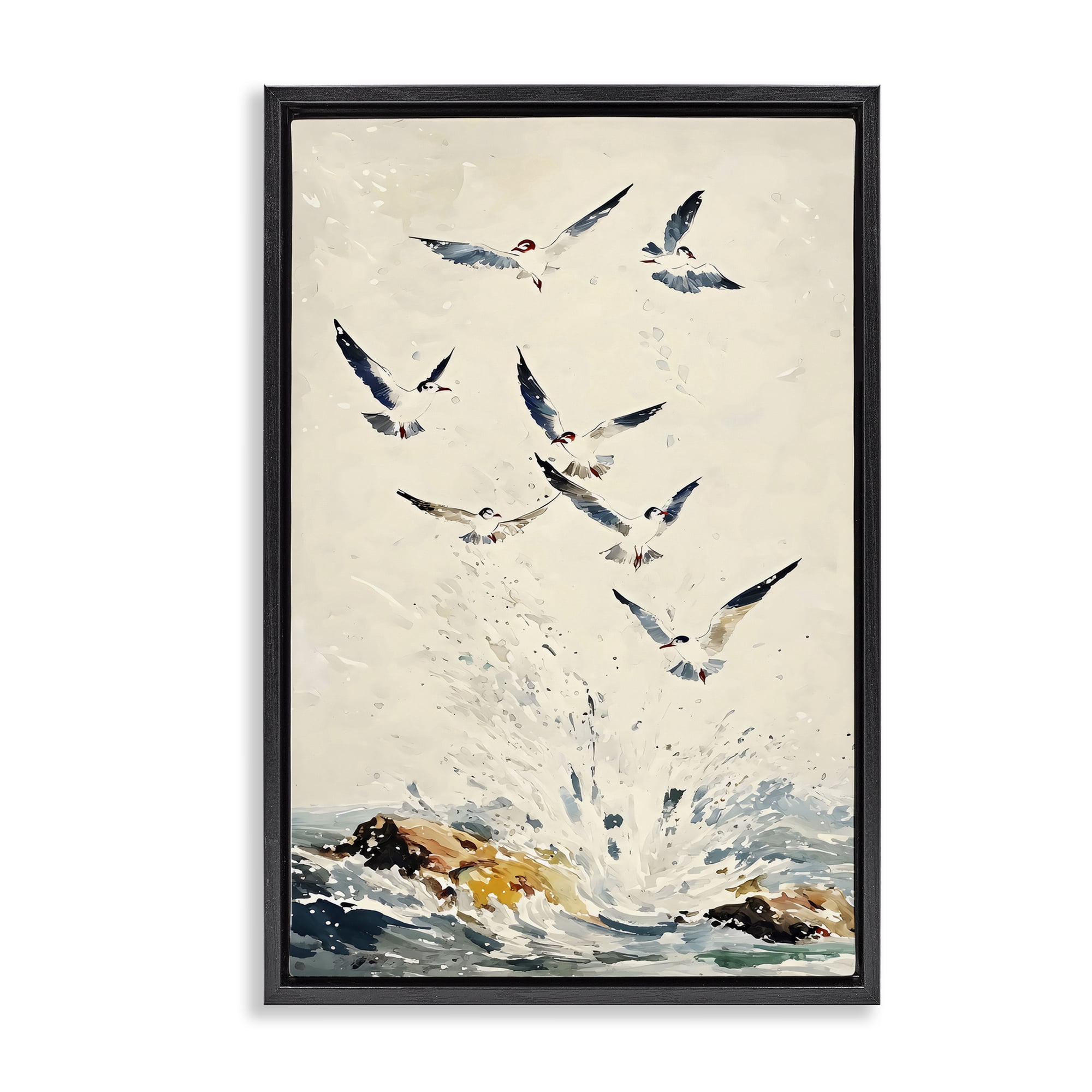Stupell Industries Waves of Seagulls over Rocks Black Framed Floater Canvas Wall Art, design by Creative Studio