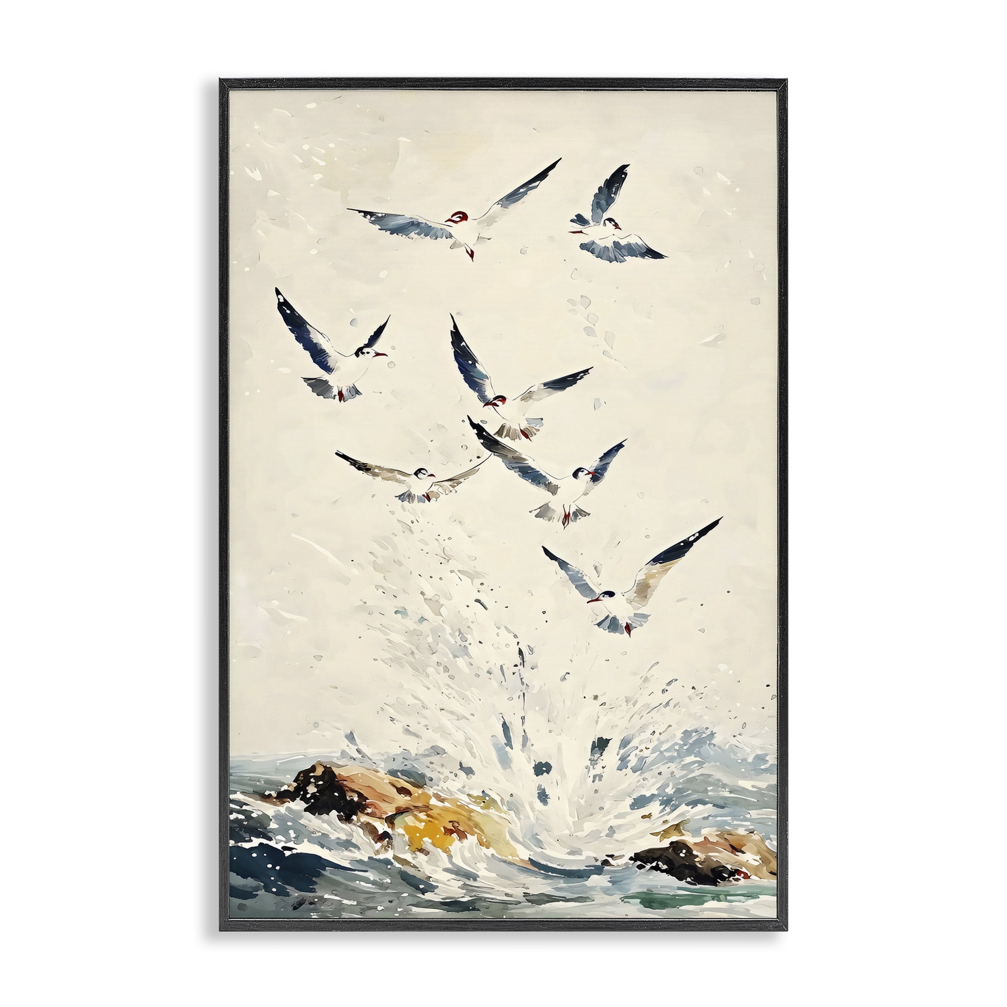 Stupell Industries Waves of Seagulls over Rocks Black Framed Giclee Art, design by Creative Studio