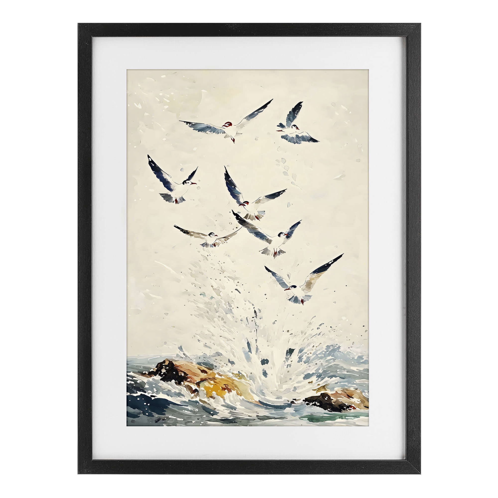 Stupell Industries Waves of Seagulls over Rocks Black Framed Print Under Glass, design by Creative Studio