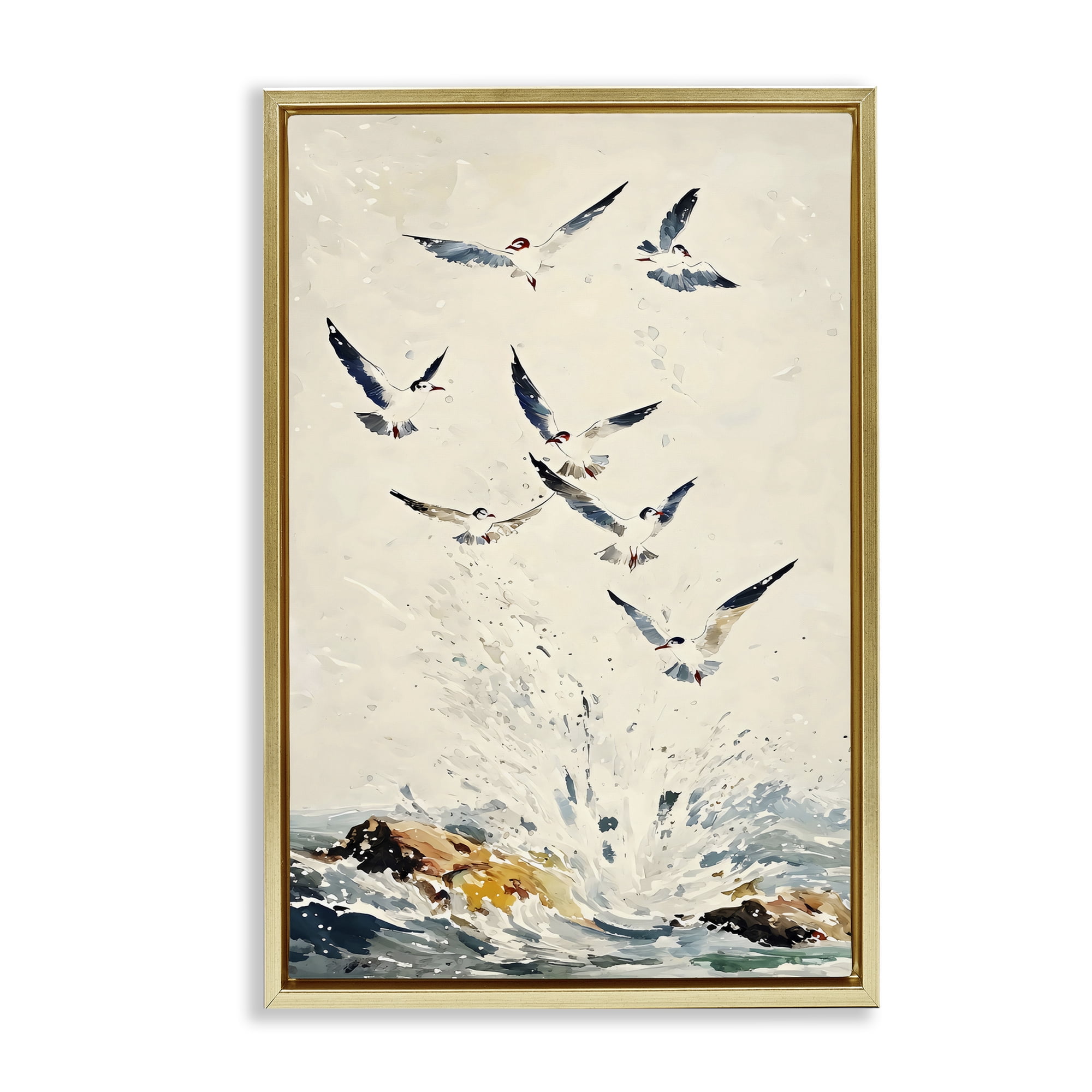 Stupell Industries Waves of Seagulls over Rocks Gold Framed Floater Canvas Wall Art, design by Creative Studio