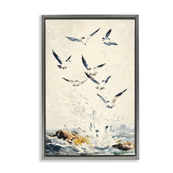 Stupell Industries Tropical Waves of Seagulls over Rocks Gray Floating Frame Canvas Art, 17 x 25, by Creative Studio