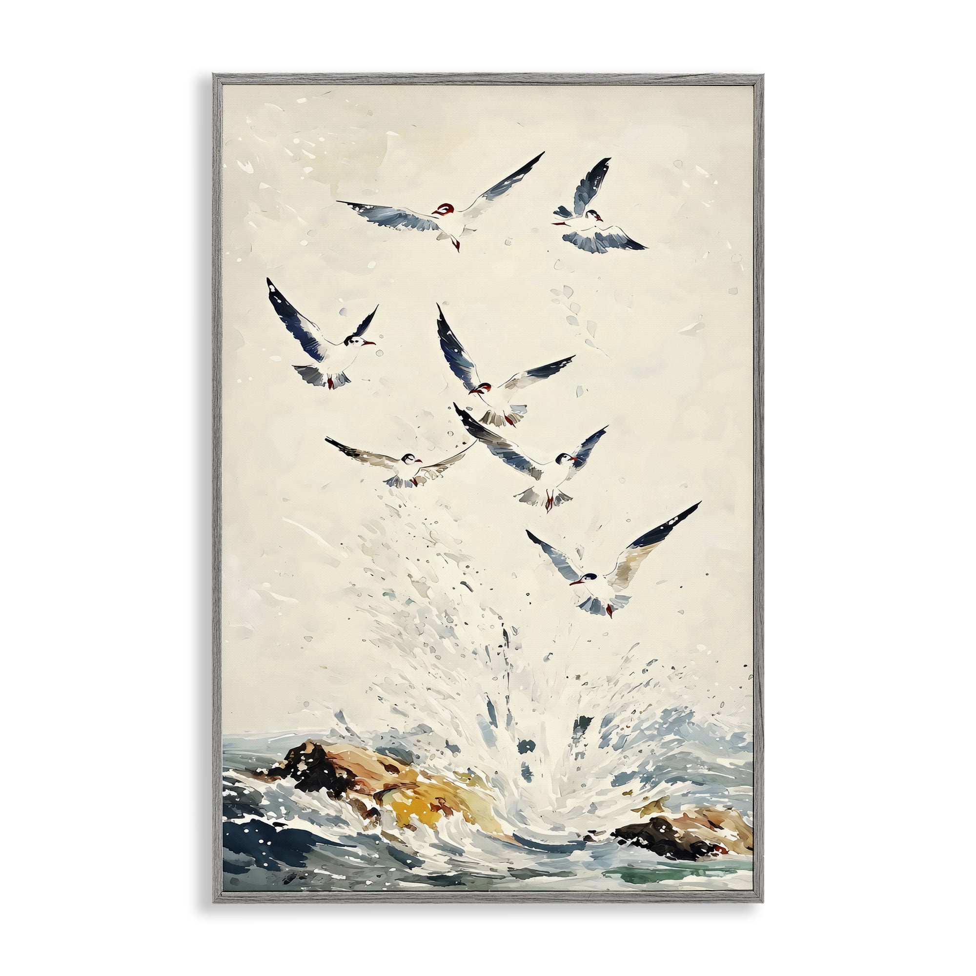 Stupell Industries Waves of Seagulls over Rocks Gray Framed Giclee Art, design by Creative Studio