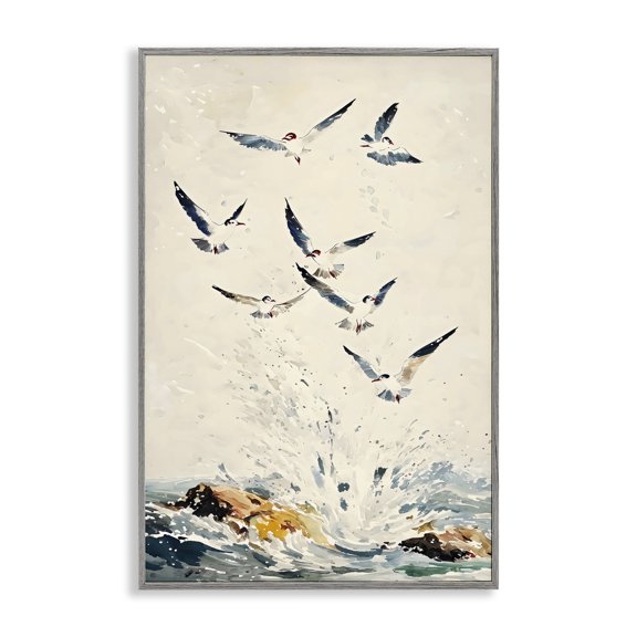 Stupell Industries Waves of Seagulls over Rocks Gray Framed Giclee Art, design by Creative Studio