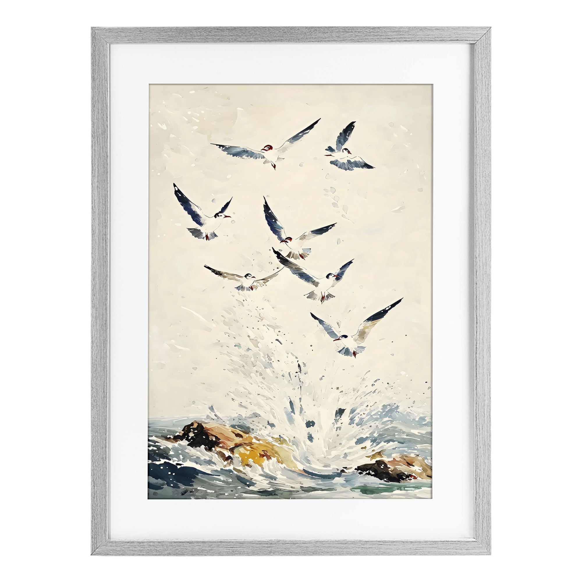 Stupell Industries Waves of Seagulls over Rocks Gray Framed Print Under Glass, design by Creative Studio