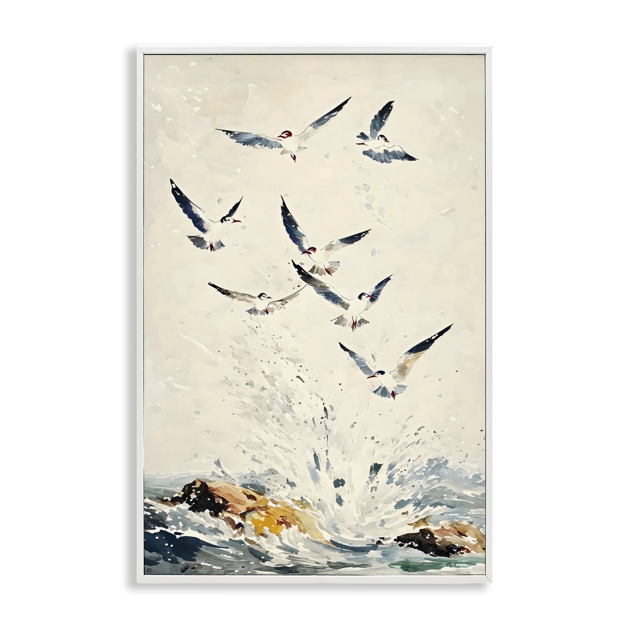 Stupell Industries Waves of Seagulls over Rocks White Framed Giclee Art, design by Creative Studio