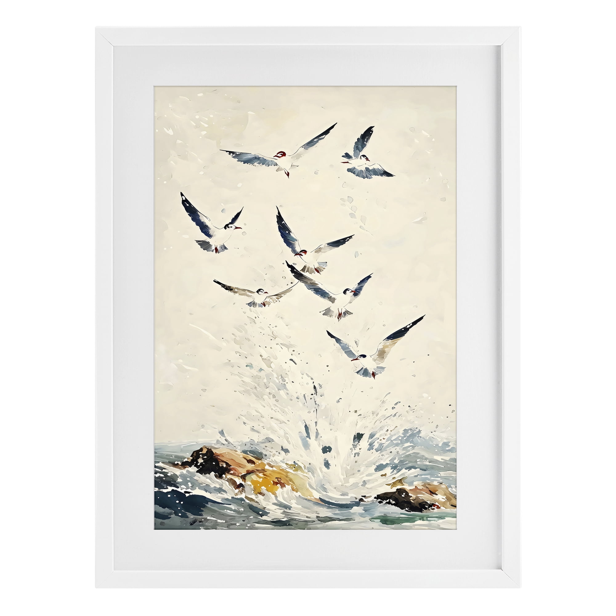Stupell Industries Waves of Seagulls over Rocks White Framed Print Under Glass, design by Creative Studio