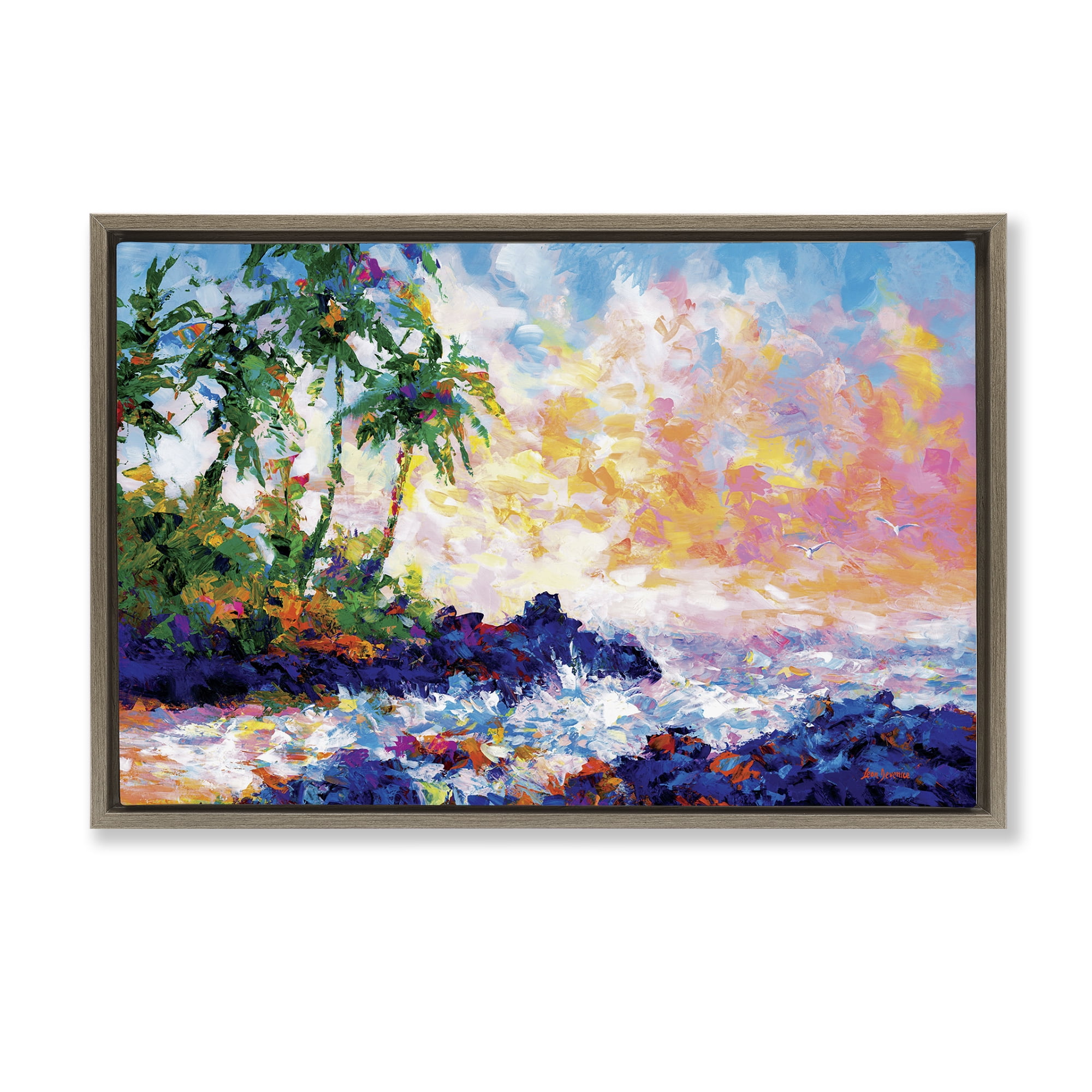 Stupell Industries Waves on Tropical Beach Landscape Painting Brown Floater Framed Canvas Art Print Wall Art, 25 x 17