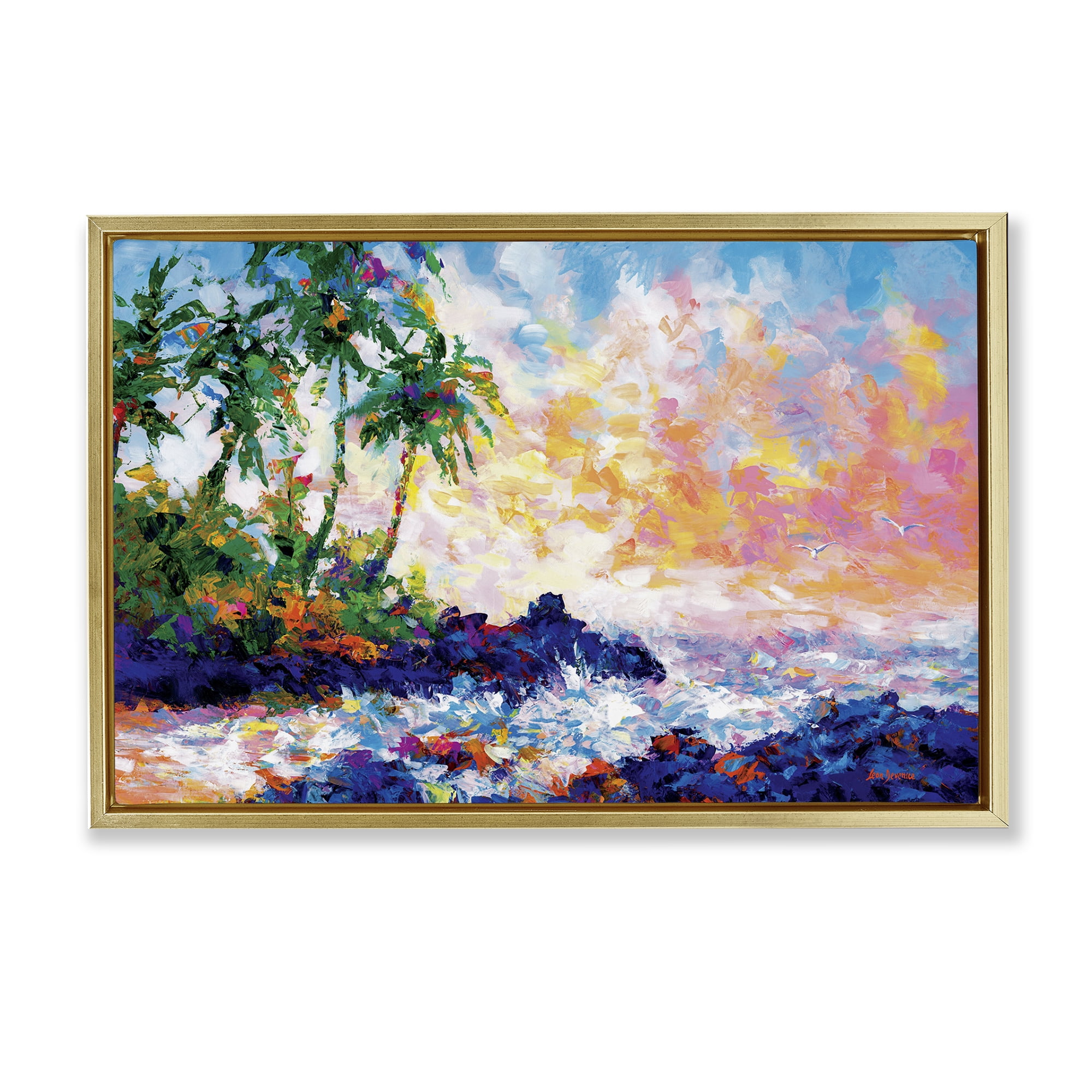 Stupell Industries Waves on Tropical Beach Landscape Painting Gold Floater Framed Canvas Art Print Wall Art, 25 x 17