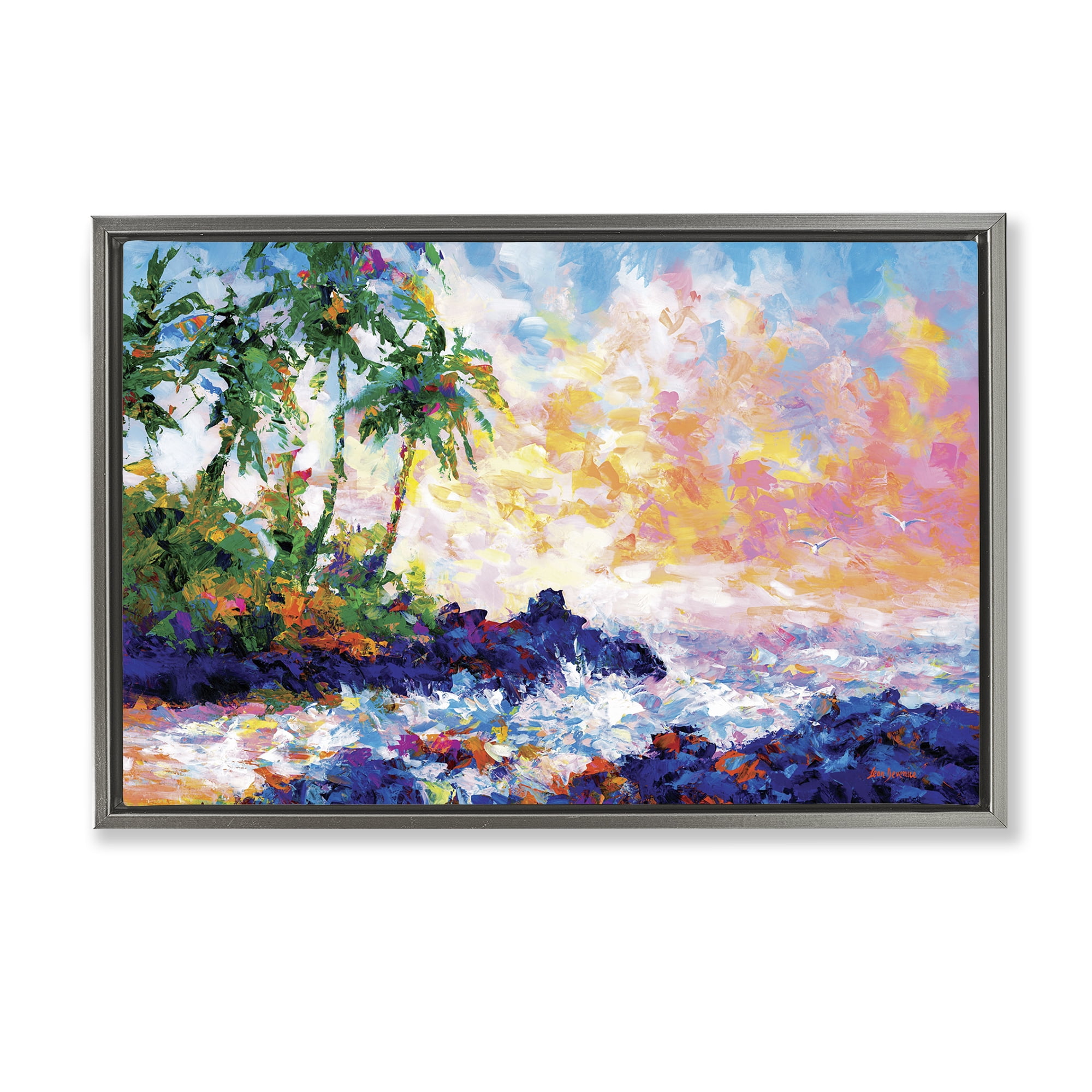 Stupell Industries Waves on Tropical Beach Landscape Painting Gray Floater Framed Canvas Art Print Wall Art, 31 x 21