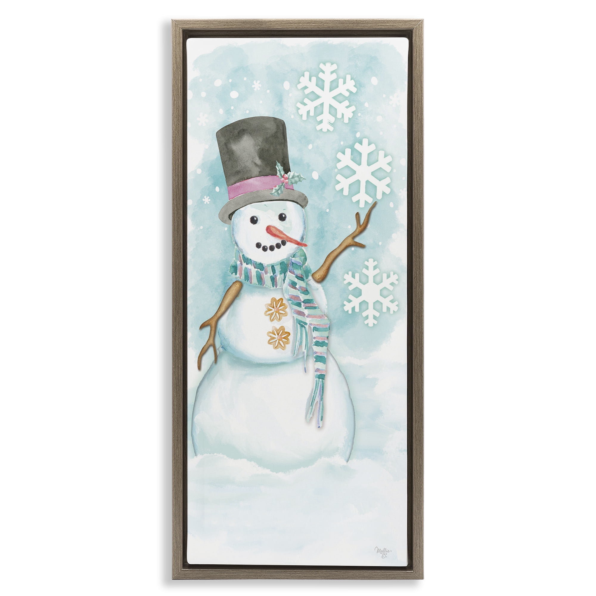 Stupell Industries Waving Snowman Greeting Holiday Painting Brown Floater Framed Art Print Wall Art, 11 x 25