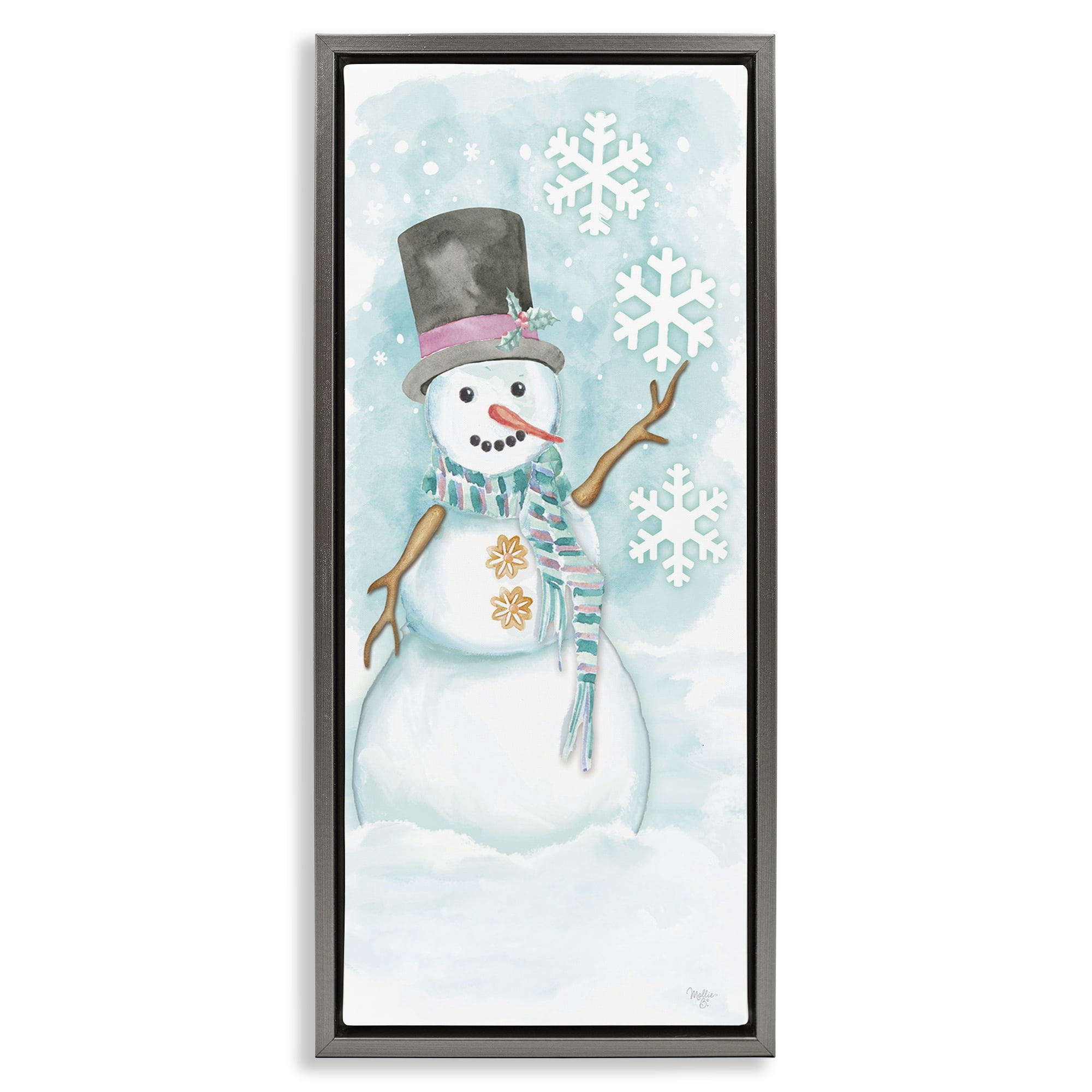 Stupell Industries Waving Snowman Greeting Holiday Painting Gray Floater Framed Art Print Wall Art, 15 x 31