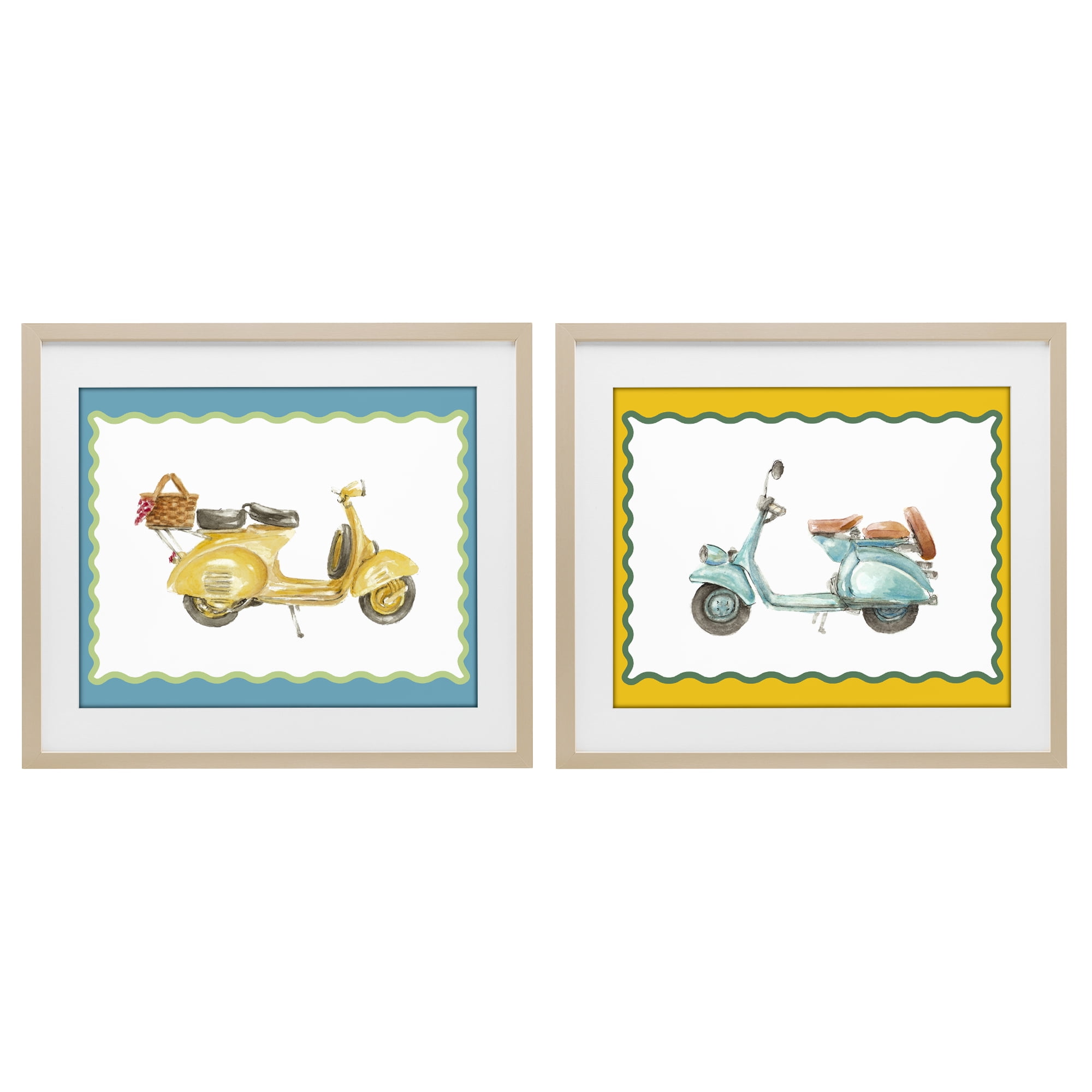 Stupell Industries Wavy Bordered Scooters 2 Piece Birch Framed Print Under Glass Set, design by Lanie Loreth