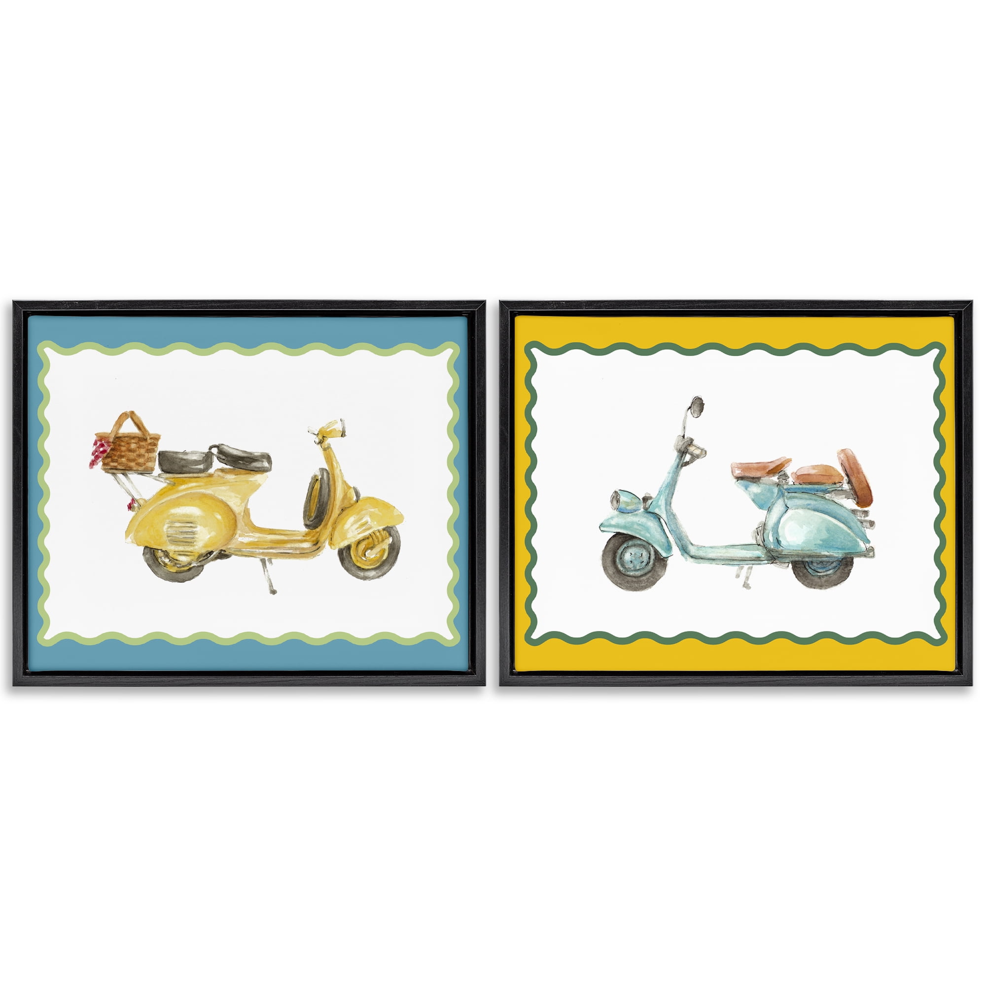 Stupell Industries Wavy Bordered Scooters 2 Piece Black Framed Floater Canvas Set, design by Lanie Loreth