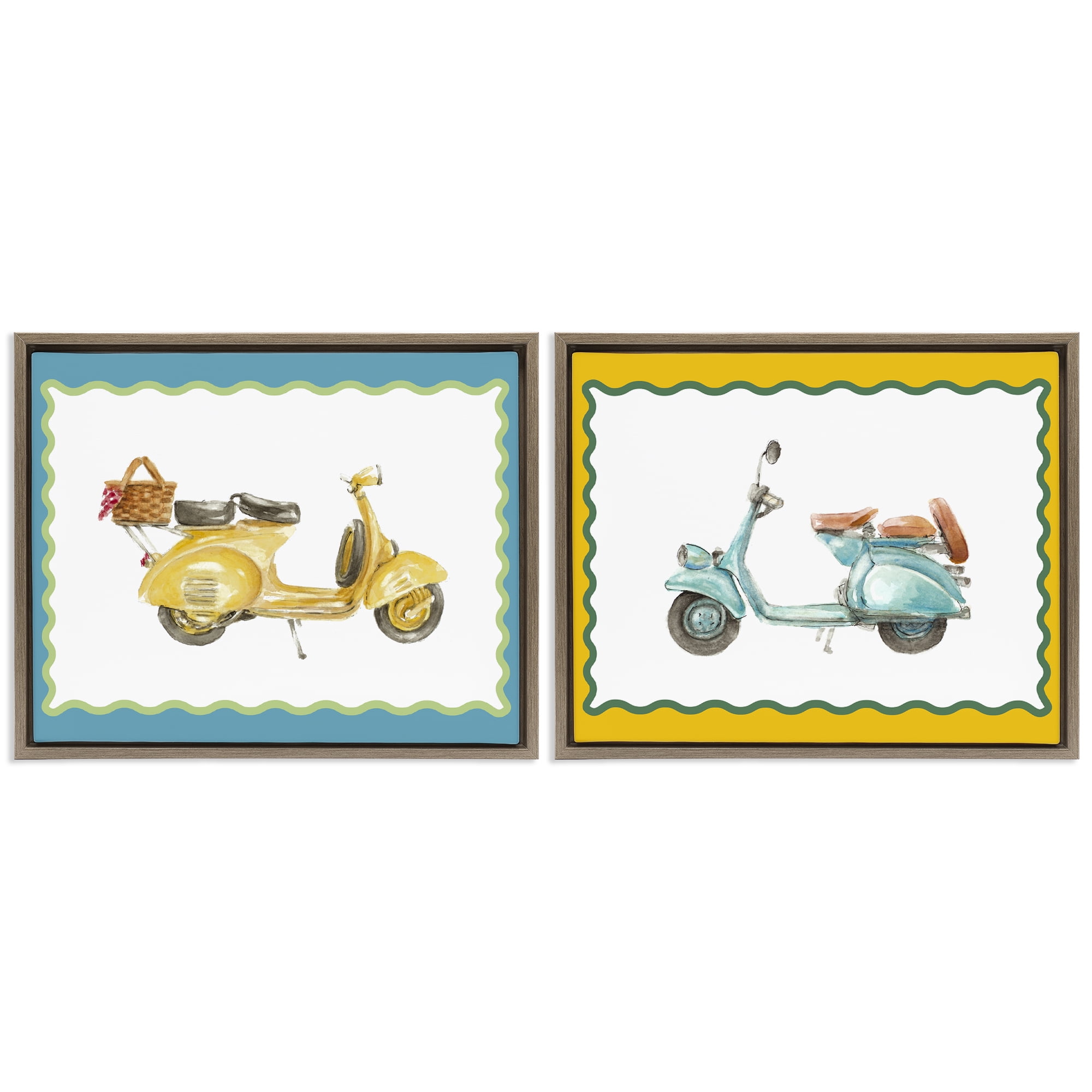 Stupell Industries Wavy Bordered Scooters 2 Piece Brown Framed Floater Canvas Set, design by Lanie Loreth