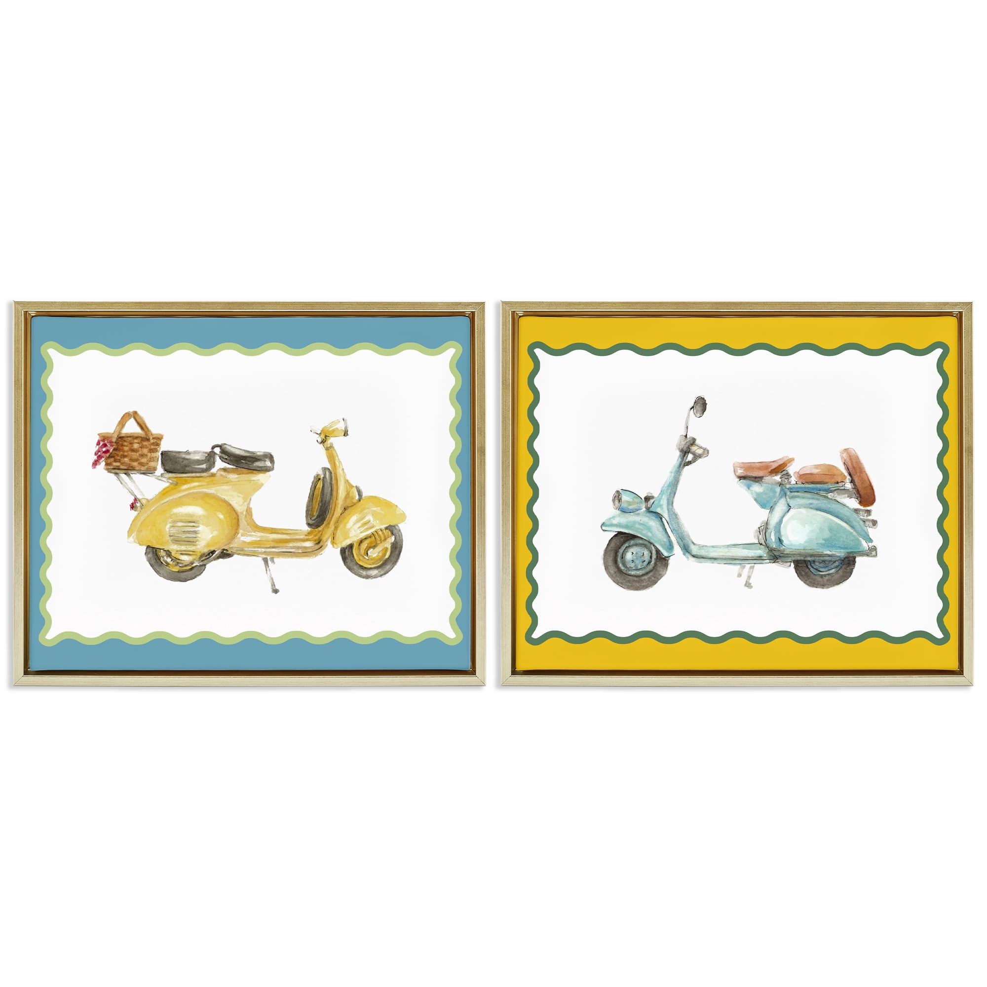 Stupell Industries Wavy Bordered Scooters 2 Piece Gold Framed Floater Canvas Set, design by Lanie Loreth