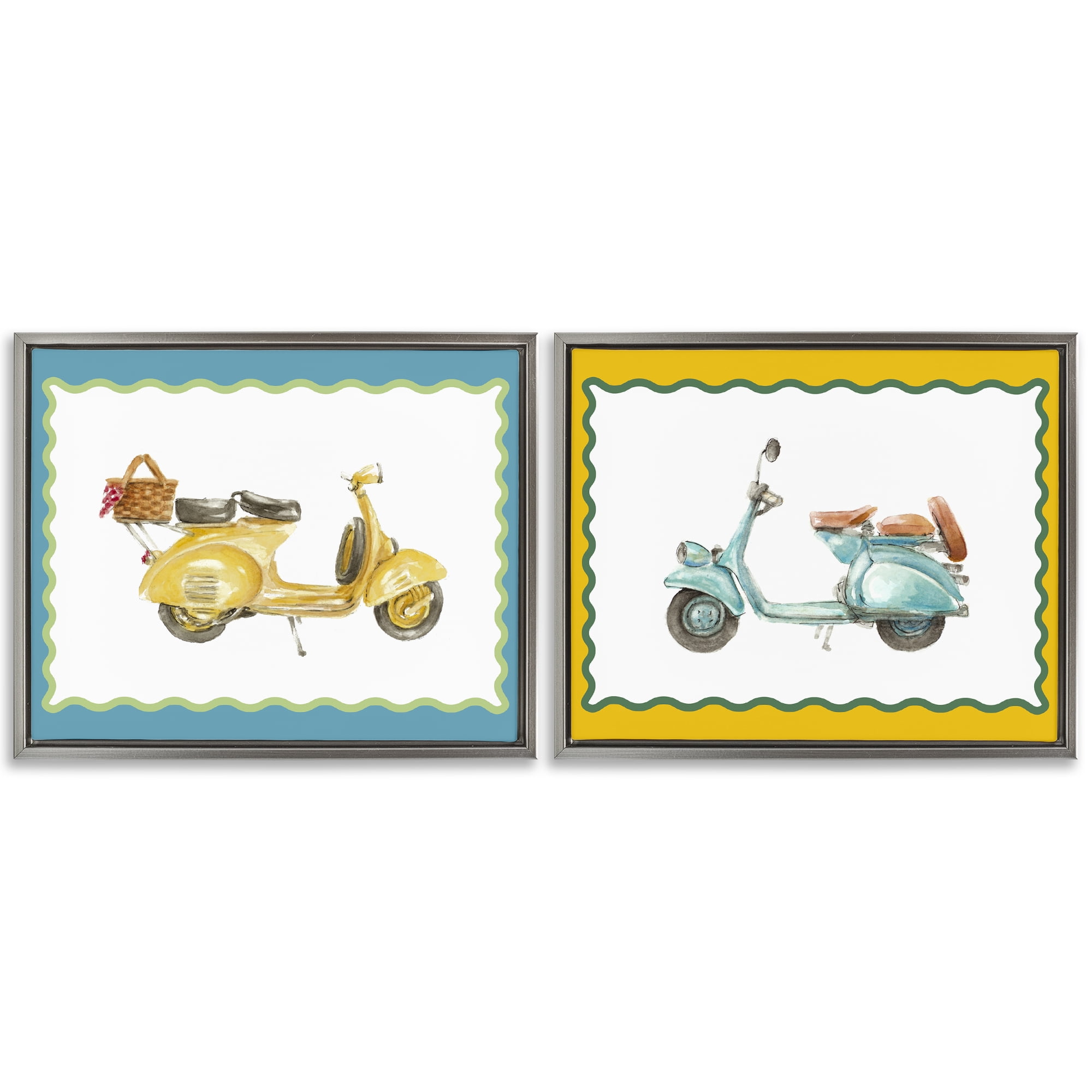 Stupell Industries Wavy Bordered Scooters 2 Piece Gray Framed Floater Canvas Set, design by Lanie Loreth