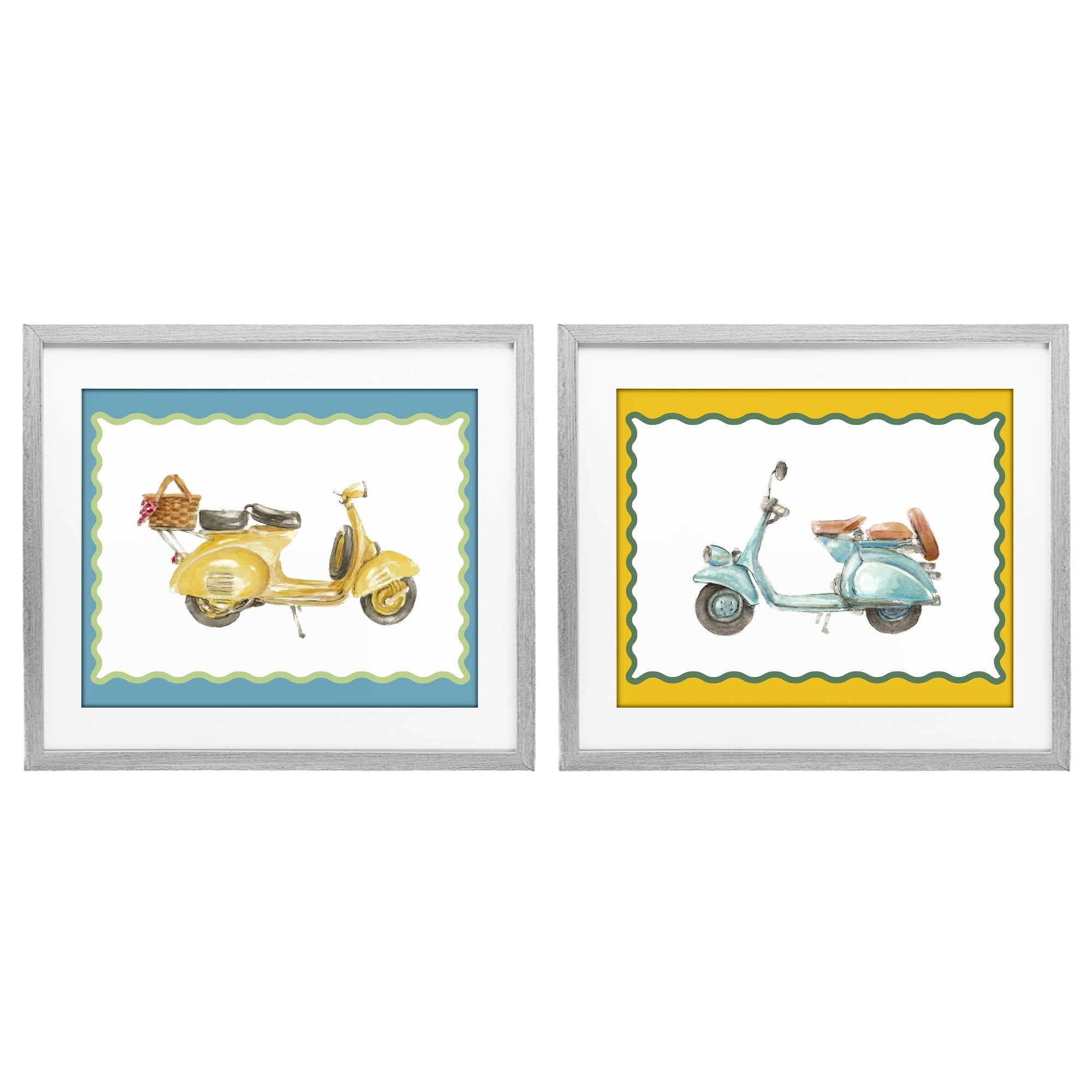 Stupell Industries Wavy Bordered Scooters 2 Piece Gray Framed Print Under Glass Set, design by Lanie Loreth