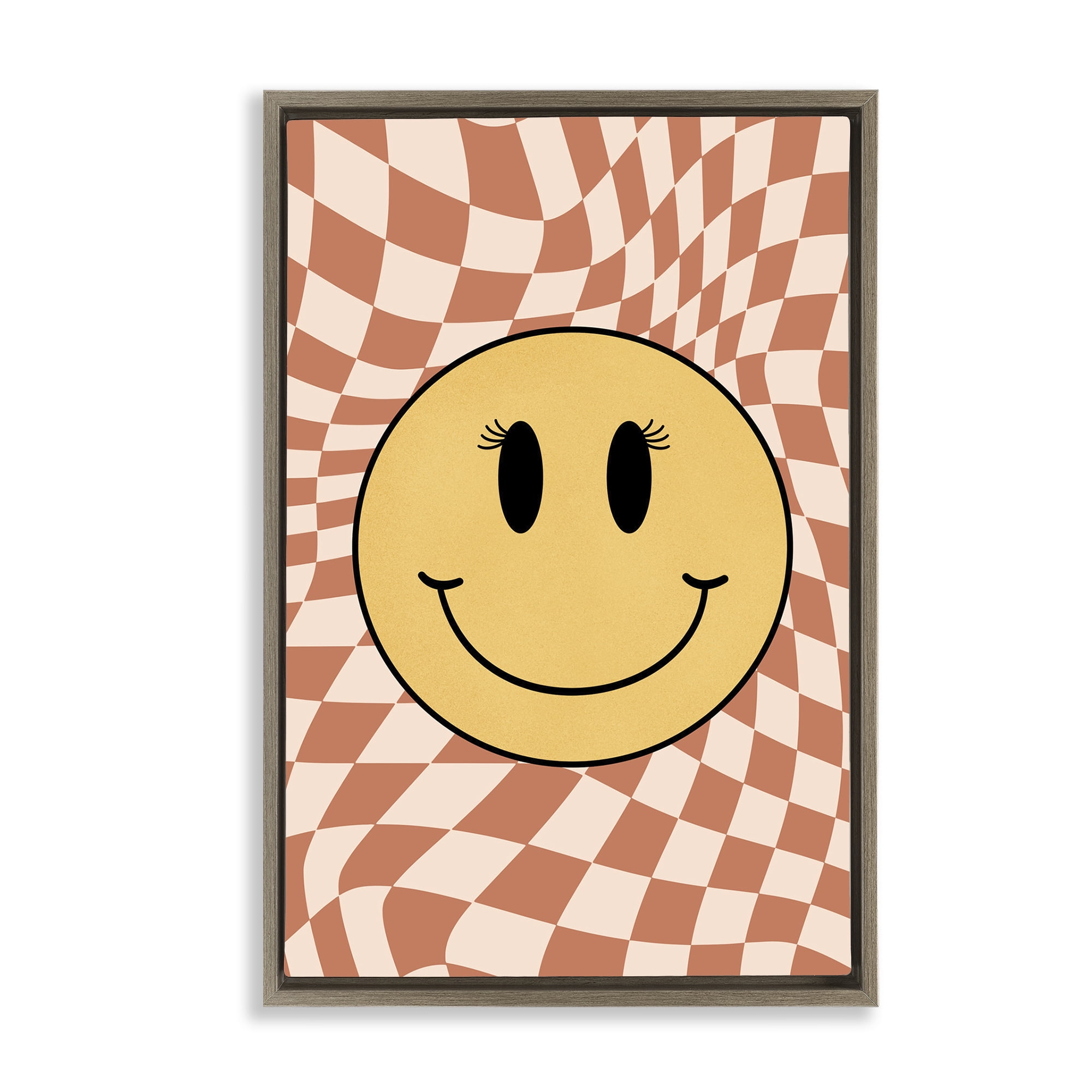 Stupell Industries Wavy Checkered Smiley Novelty Painting Brown Floater Framed Art Print Wall Art, 21 x 31