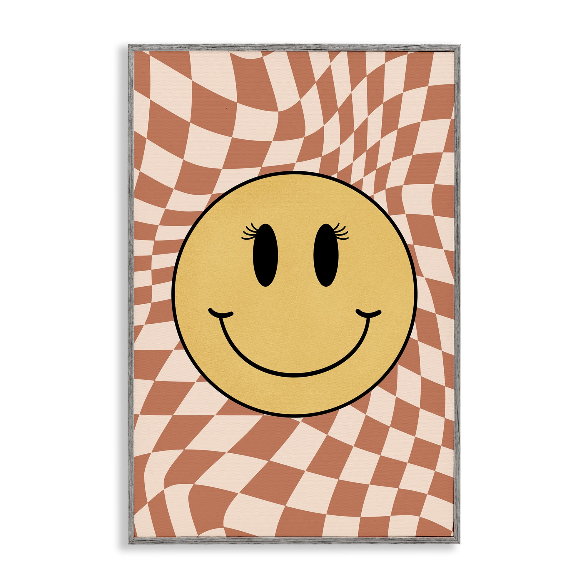 Stupell Industries Wavy Checkered Smiley Novelty Painting Gray Framed Art Print Wall Art, 16 x 24