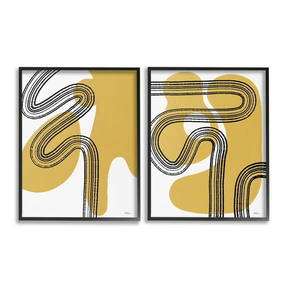 Stupell Industries Wavy Lines Over Shapes Abstract Painting Black Framed Art Print Wall Art, 11 x 14, Set of 2