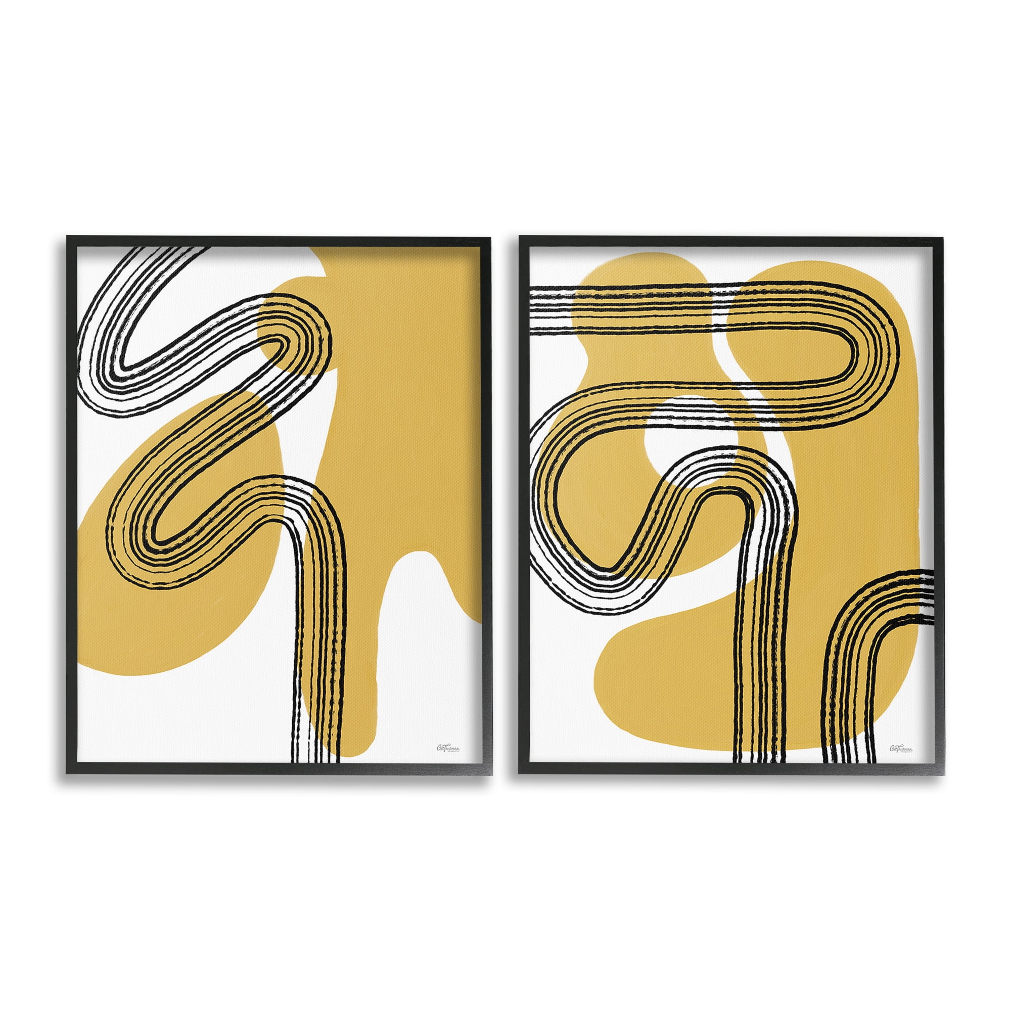 Stupell Industries Wavy Lines Over Shapes Abstract Painting Black Framed Art Print Wall Art, 16 x 20, Set of 2