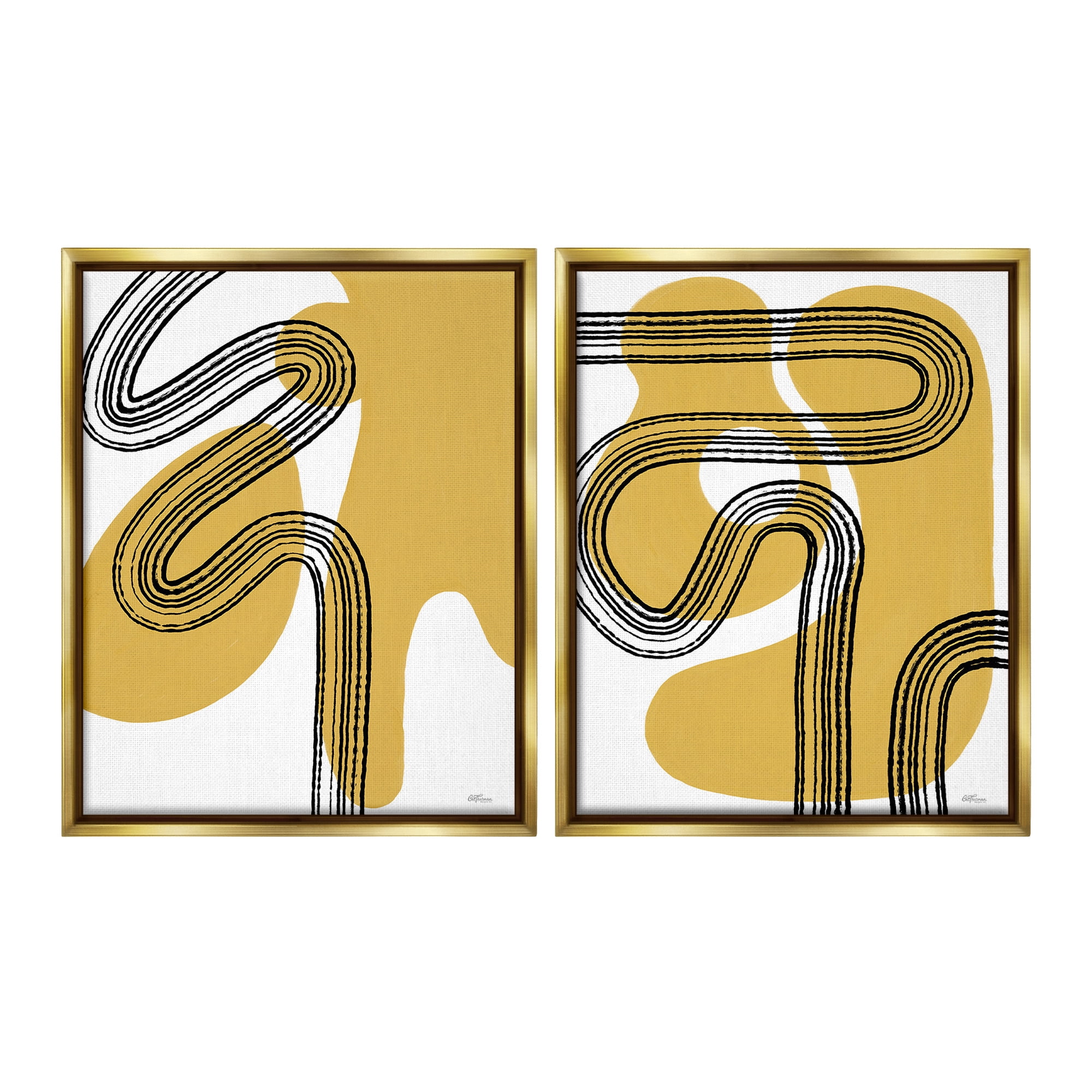 Stupell Industries Wavy Lines Over Shapes Abstract Painting Gold Floater Framed Canvas Art Print Wall Art, 17 x 21, Set of 2