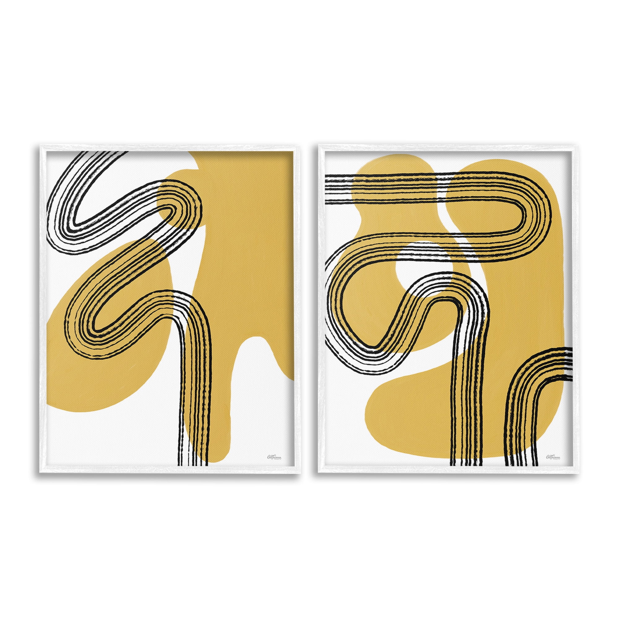 Stupell Industries Wavy Lines Over Shapes Abstract Painting White Framed Art Print Wall Art, 11 x 14, Set of 2