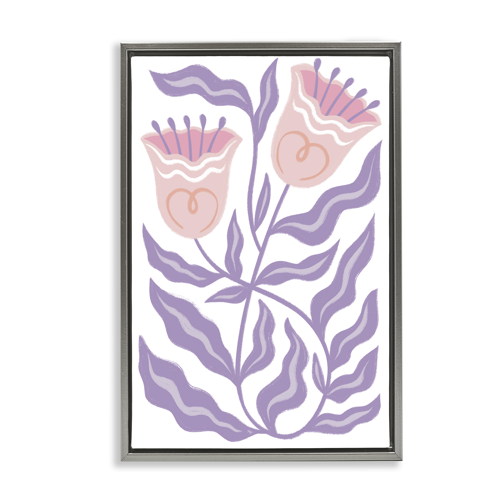 Stupell Industries Wavy Purple Blooms Plants & Flowers Painting Gray Floater Framed Canvas Art Print Wall Art, 21 x 31