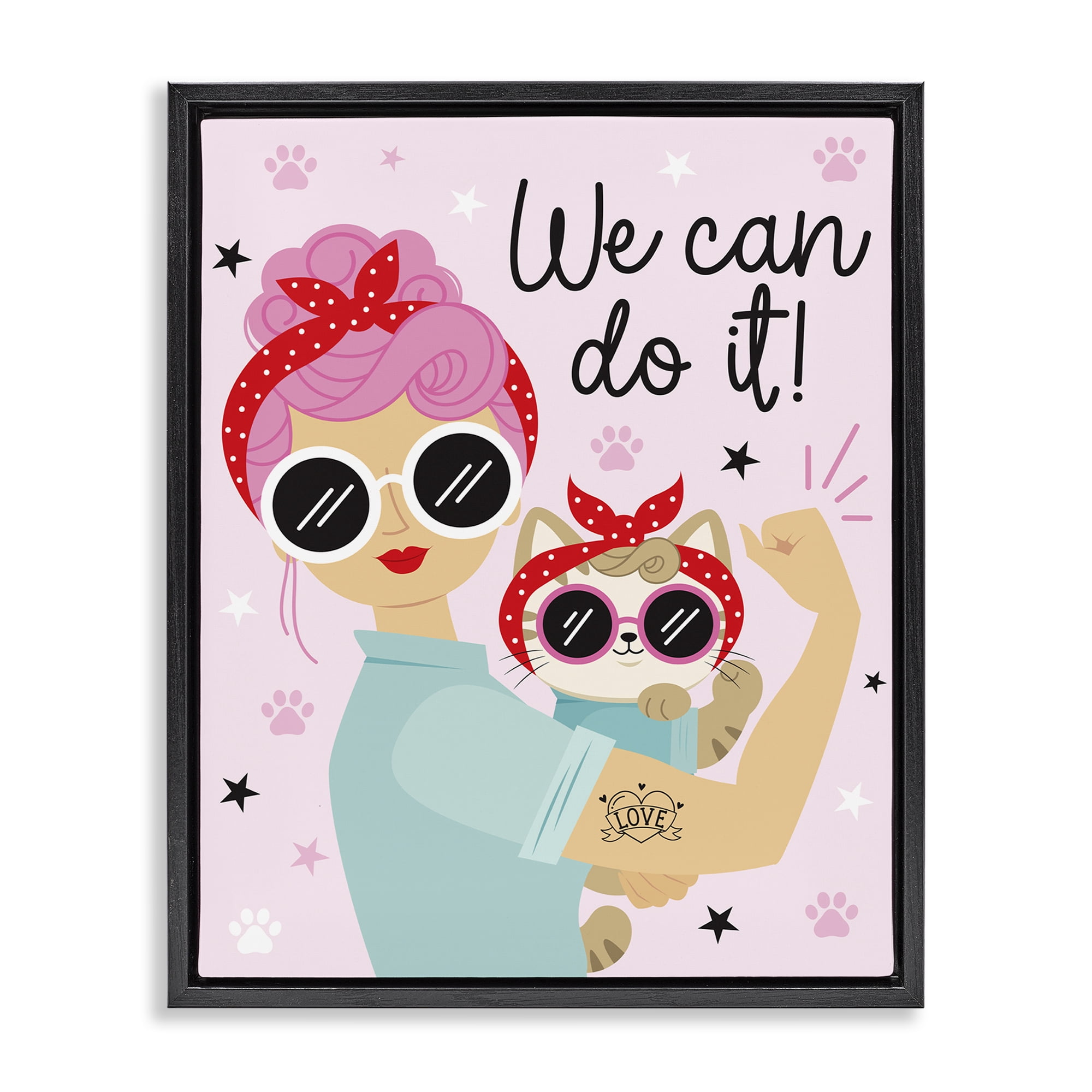 Stupell Industries We Can Girl & Cat People Painting Black Floater Framed Canvas Art Print Wall Art, 17 x 21