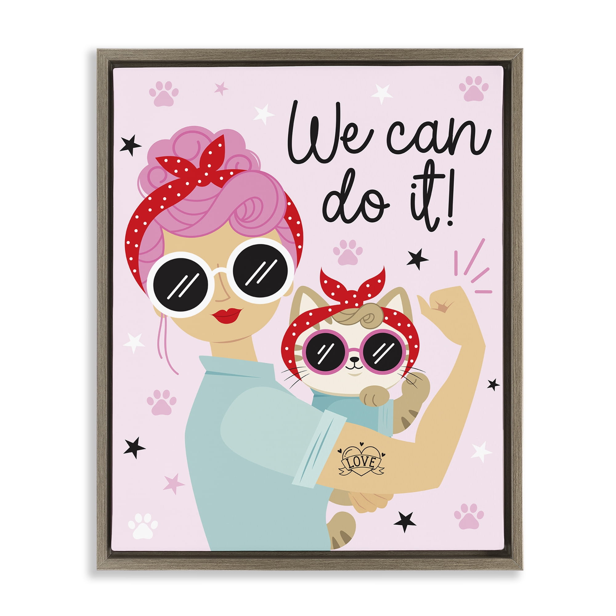 Stupell Industries We Can Girl & Cat People Painting Brown Floater Framed Canvas Art Print Wall Art, 25 x 31