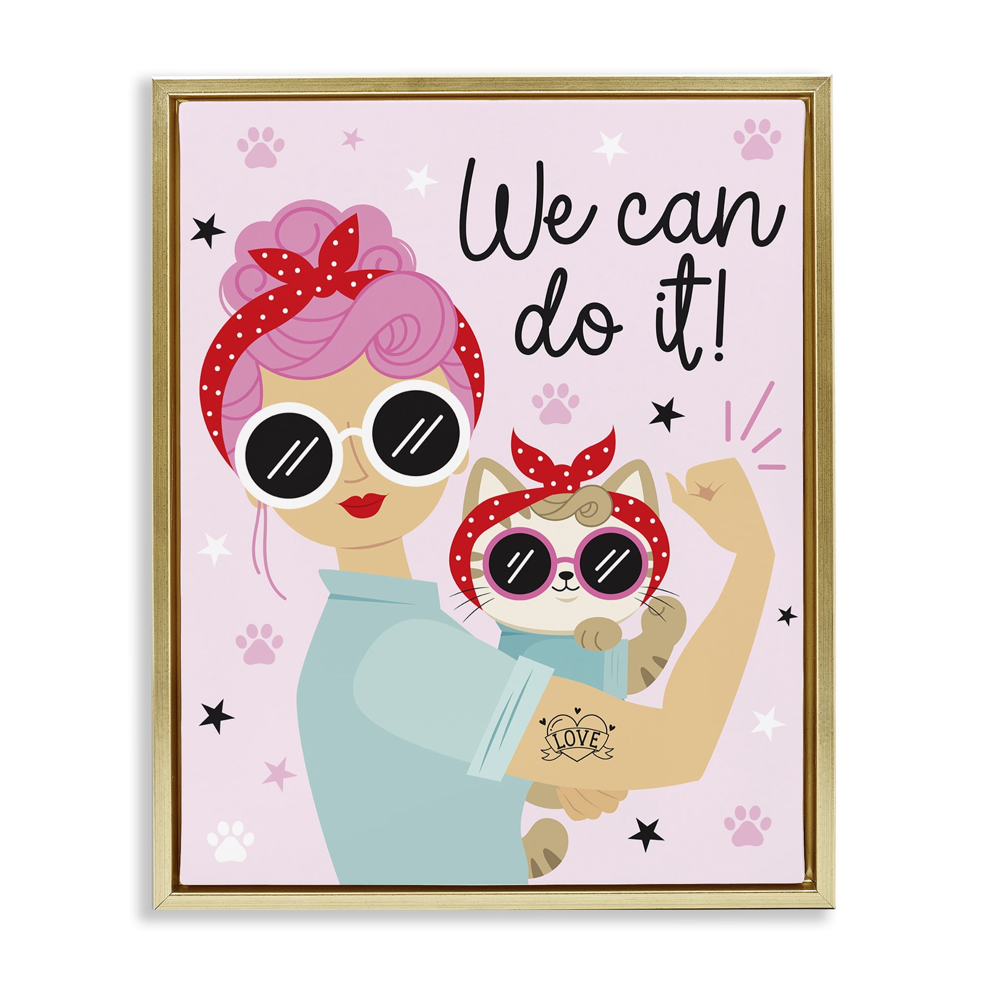 Stupell Industries We Can Girl & Cat People Painting Gold Floater Framed Canvas Art Print Wall Art, 17 x 21