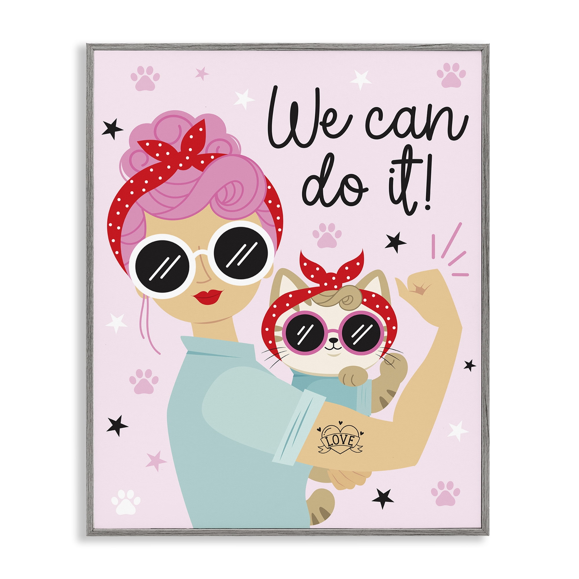 Stupell Industries We Can Girl & Cat People Painting Gray Framed Art Print Wall Art, 16 x 20
