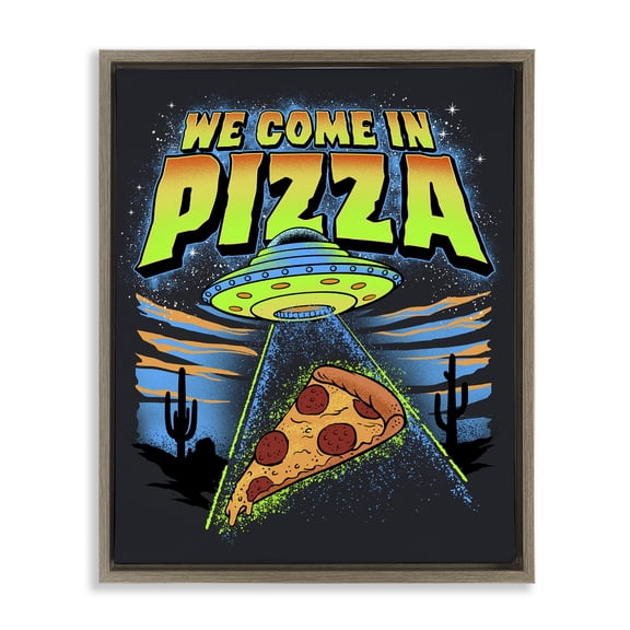 Stupell Industries We Come In Pizza Aliens Brown Framed Floater Canvas Wall Art design by Jedco Brands, Inc., 31 x 25