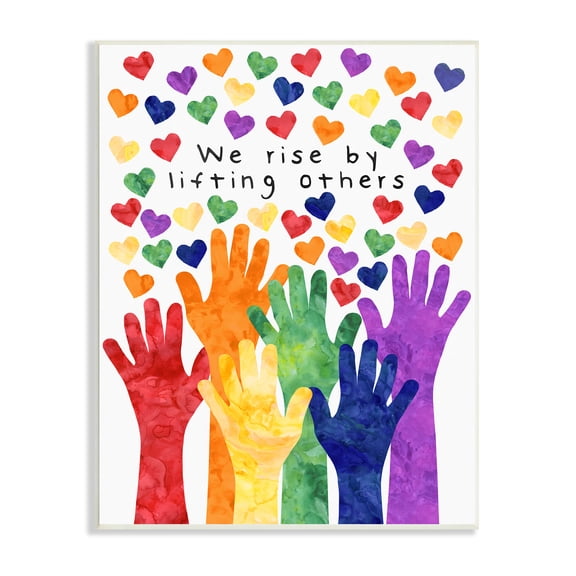 Stupell Industries We Rise By Lifting Others Rainbow Hand Hearts, 10 x 15,Design by Erica Billups