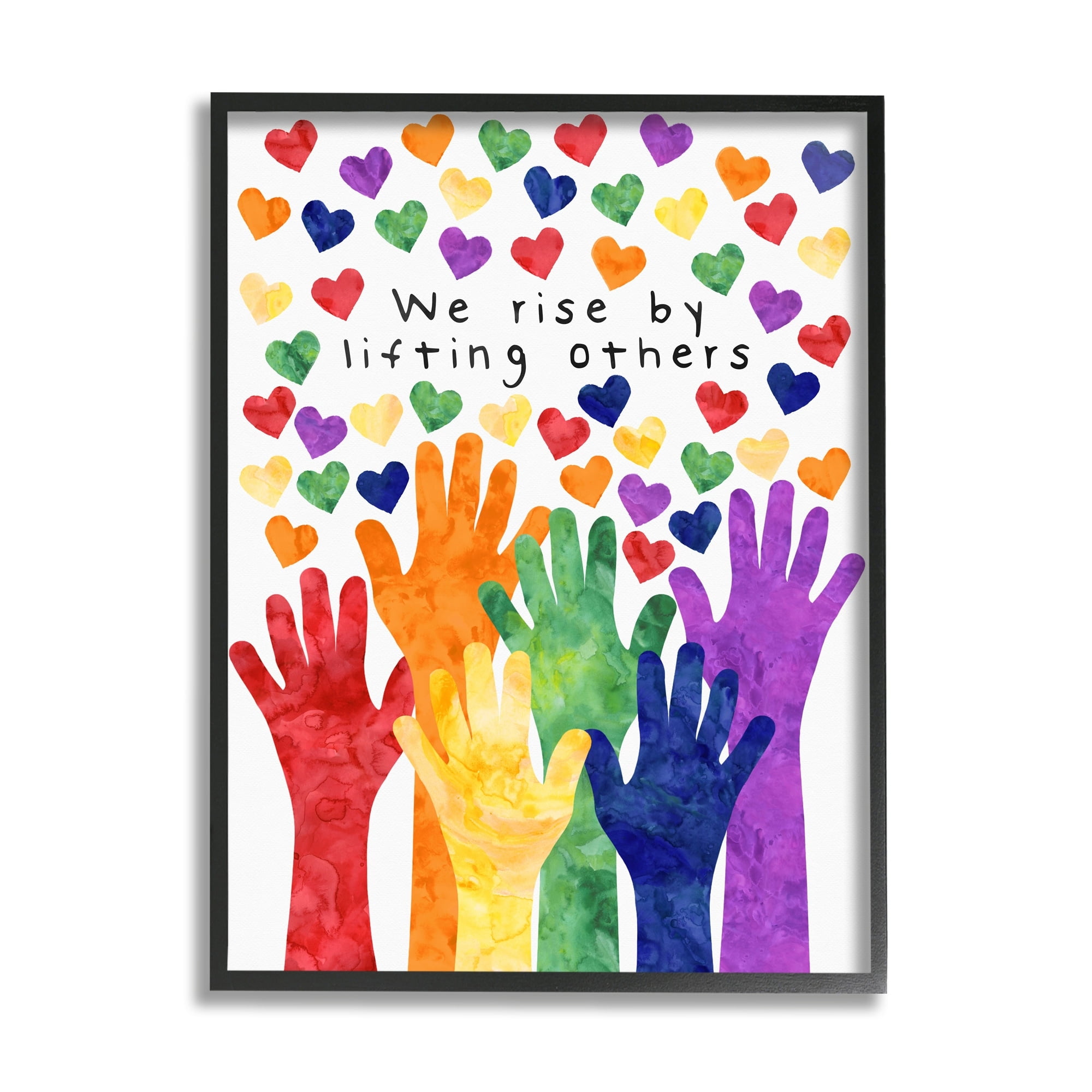 Stupell Industries We Rise By Lifting Others Rainbow Hand Hearts Graphic Art Black Framed Art Print Wall Art, 24x30, by Erica Billups