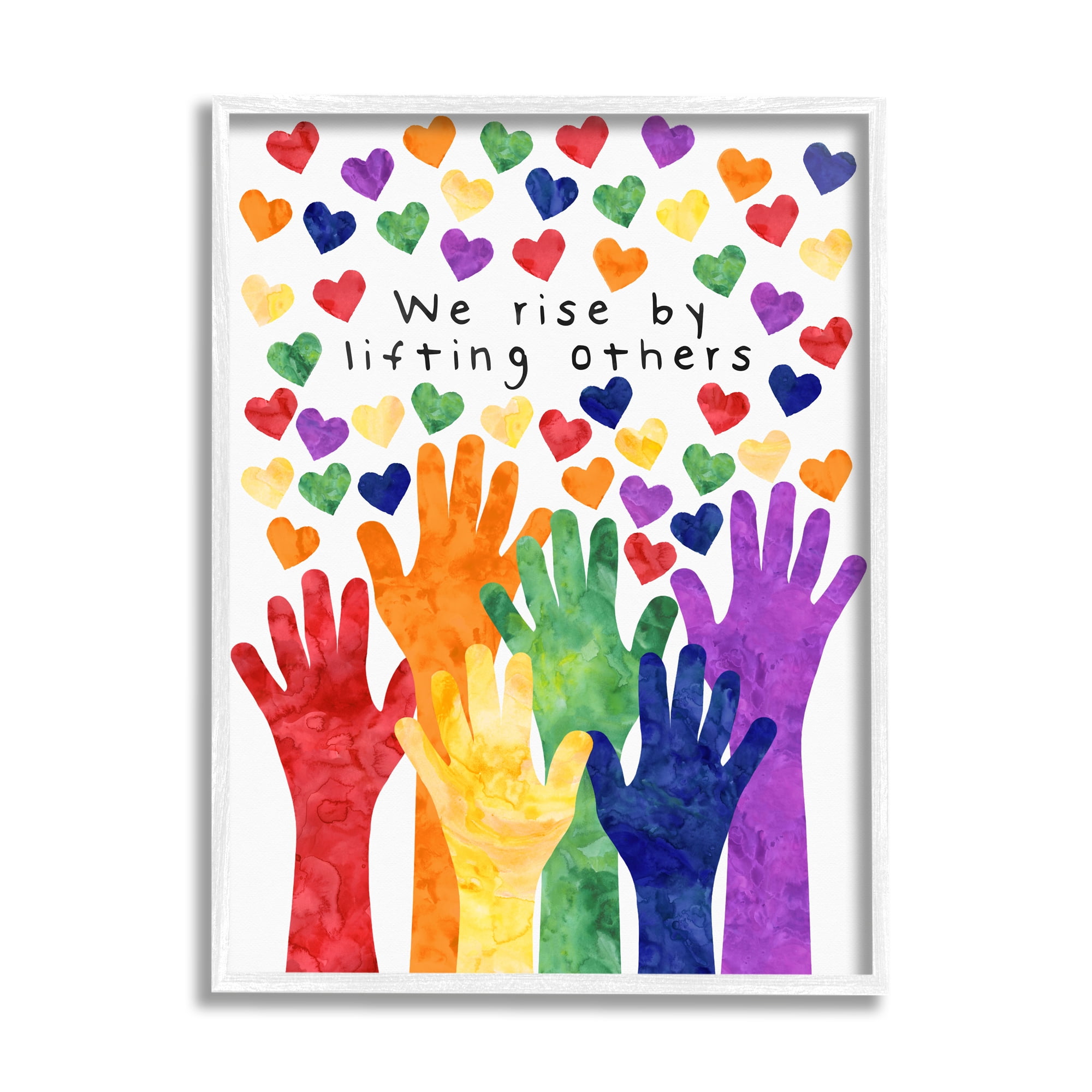 Stupell Industries We Rise By Lifting Others Rainbow Hand Hearts Graphic Art White Framed Art Print Wall Art, 11x14, by Erica Billups