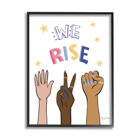 Stupell Industries We Rise Phrase Playful Text Female Hands Raised Black Framed, 11 x 14, Design by Farida Zaman